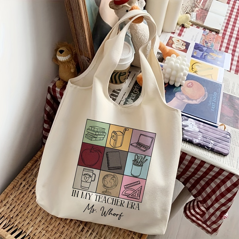 TEMU Custom Teacher Name Pattern Tote Bag Literature Shoulder Bag Illustration Book Bag Travel Harajuku Handbag Gift For Her