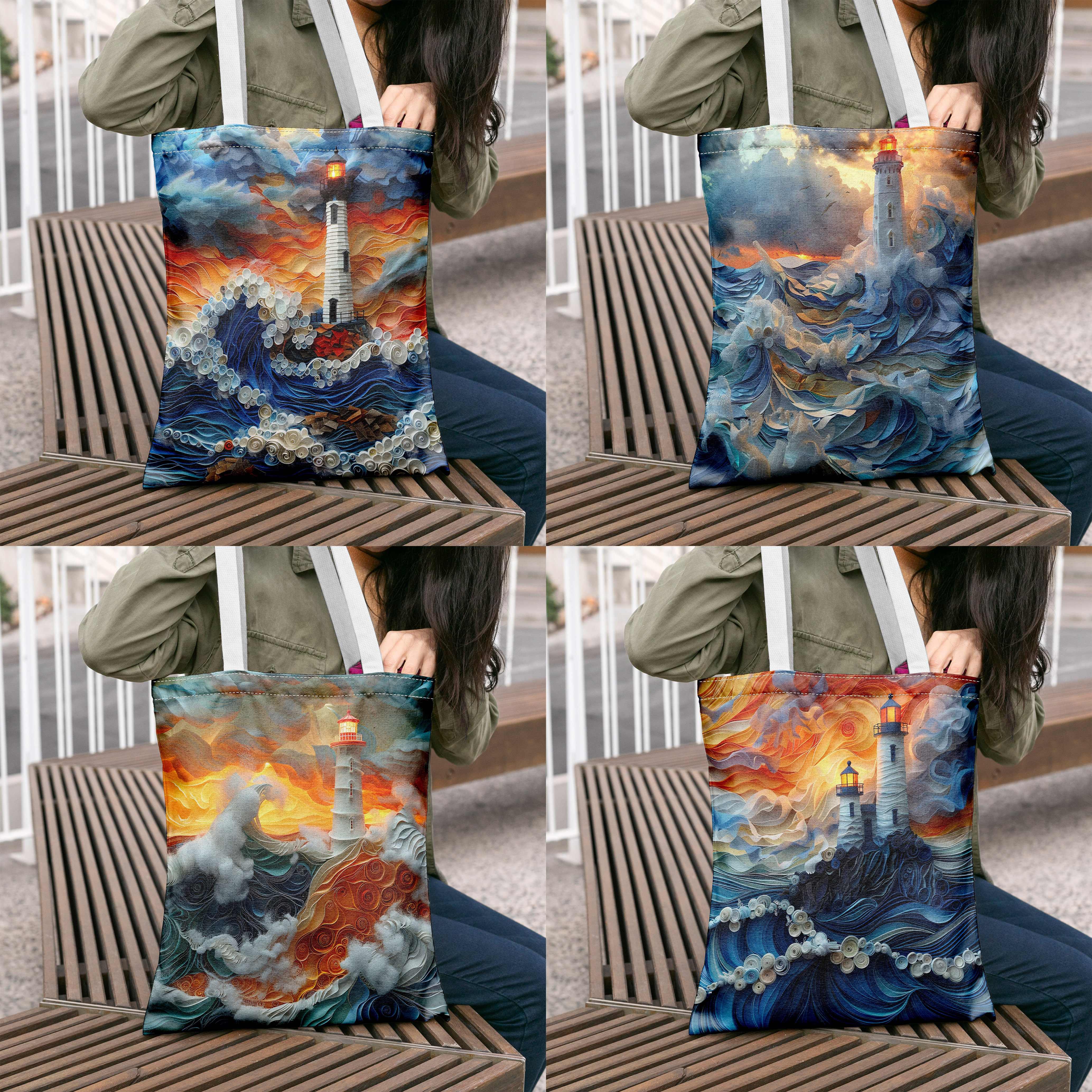 

Large Capacity Canvas Tote Bag "lighthouse Watch" Series, Ocean Guiding Art Print, Lighthouse & Waves Design, Casual Single-shoulder Shopping Bag For Ladies