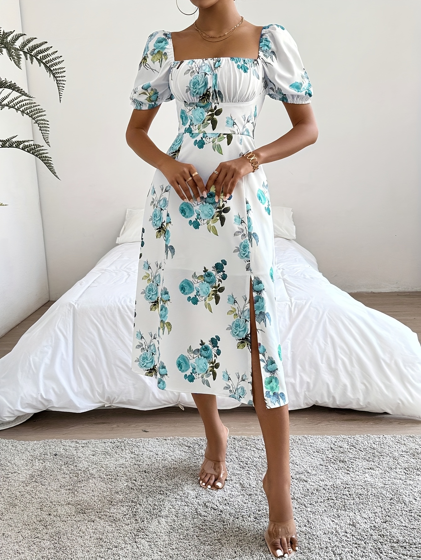womens puff sleeve square neck umbrella hem print dress - Temu