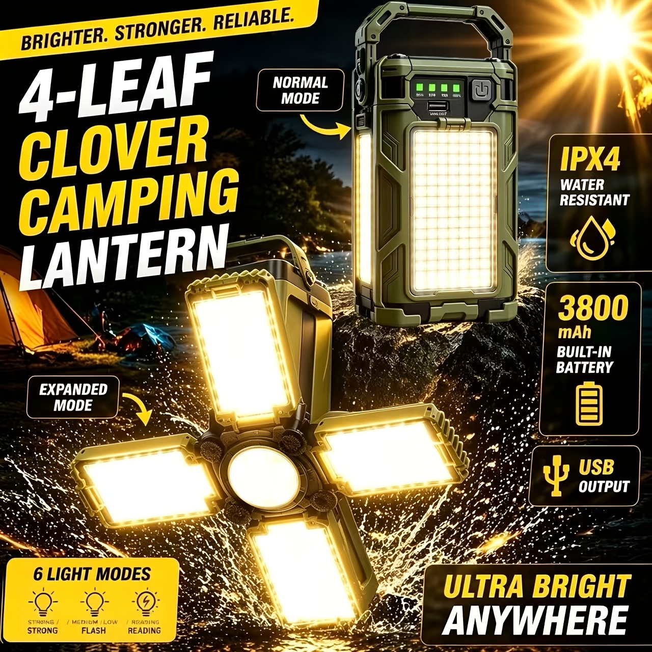 TEMU Waterproof Outdoor Solar Camping Light, Foldable Camping Light, Portable 3800mah Rechargeable Lamp, Can Charge Mobile Phones, Foldable Led