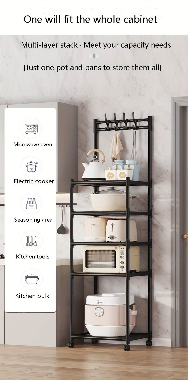 multi tier metal storage rack with wheels and hooks versatile utility organizer shelf for kitchen bathroom living   saving household accessory details 3