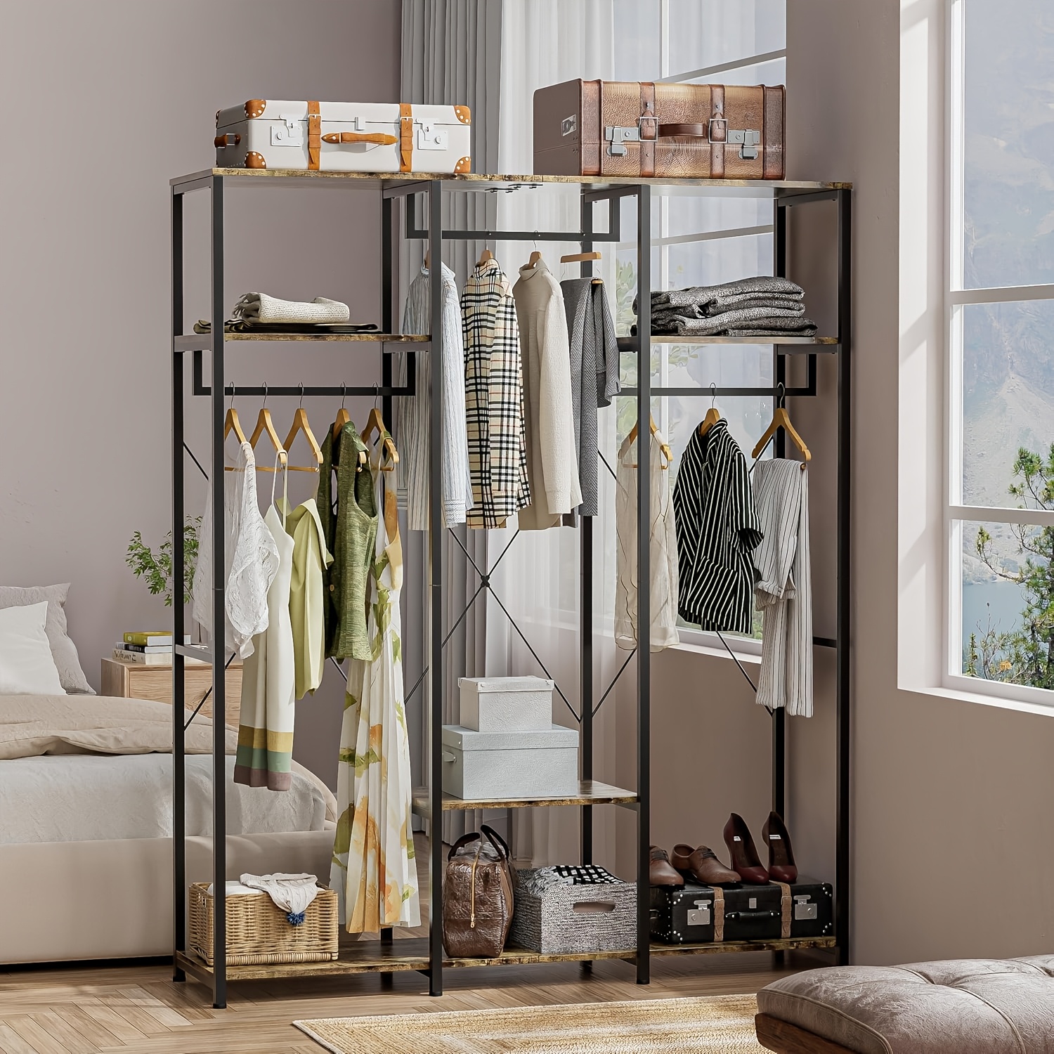 Image of Open Wardrobe/clothes Rack, 40 X 150 X 182 Cm | Vintage Style Bedroom Clothes Rack, Made Of High-quality Wood And Metal, Freestanding Walk-in Clothes Rack With Rod And Shelf, Black