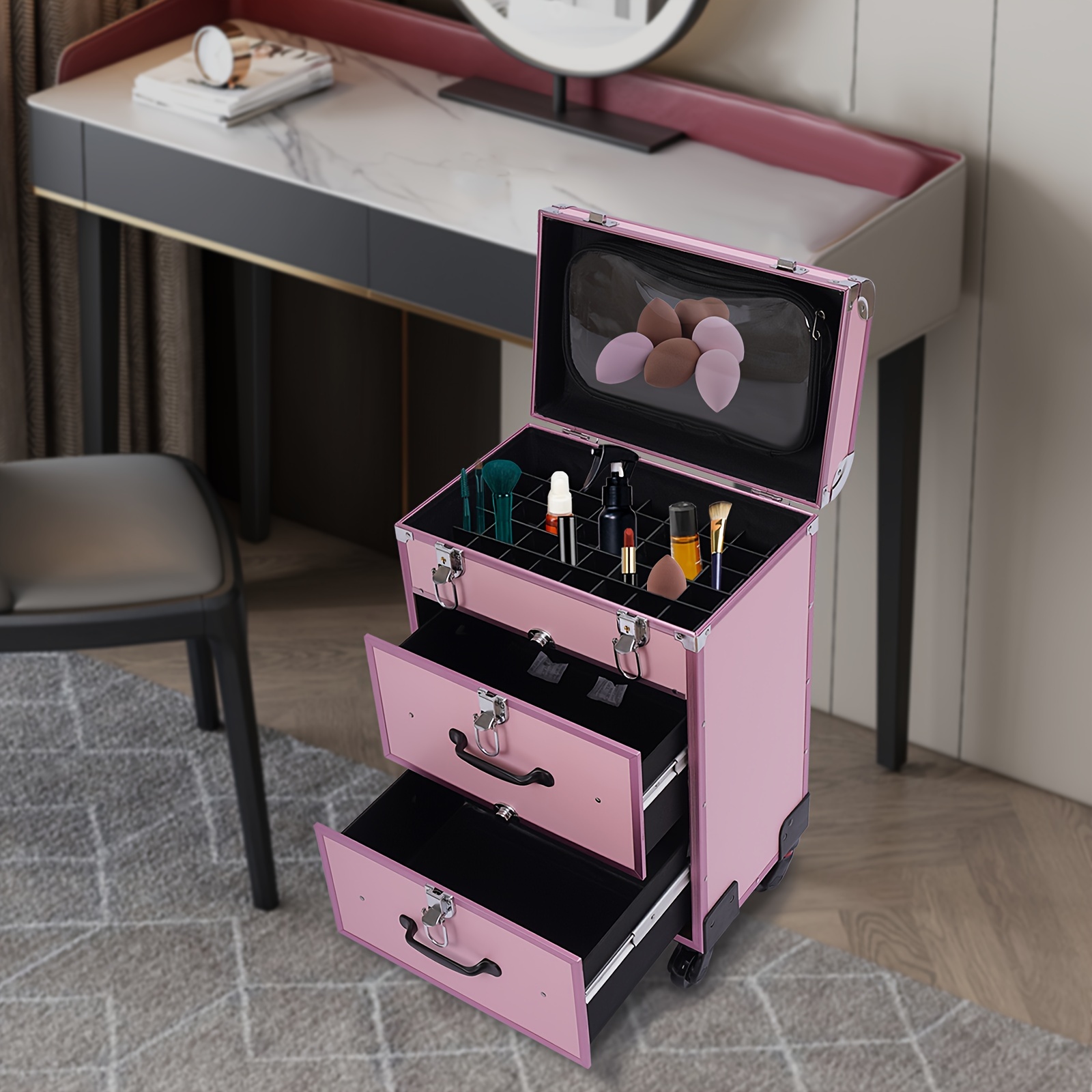 Schminkkoffer Mit Rollen – Kosmetik-Trolley Mit Spiegel, 7 Fächer, Bis 50 Kg Belastbar