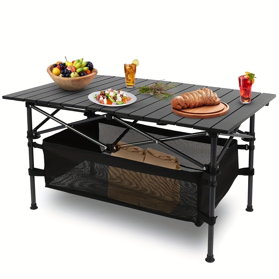 

Portable Folding Camping Table With Under-table Storage Basket - Lightweight Aluminum & Mesh, Black - Ideal For Picnics, Bbqs, Outdoor Beach & Backyard Parties - Includes Carrying Bag, Supports 220lbs