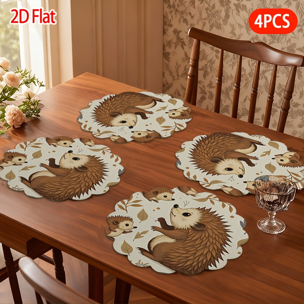 TEMU 2D Plat, 4pcs Sets de Table, Illustration Douillette de Hérissons et Feuilles Tombées, Nappes à Dentelle à , Décoration Parfaite pour Pâques,