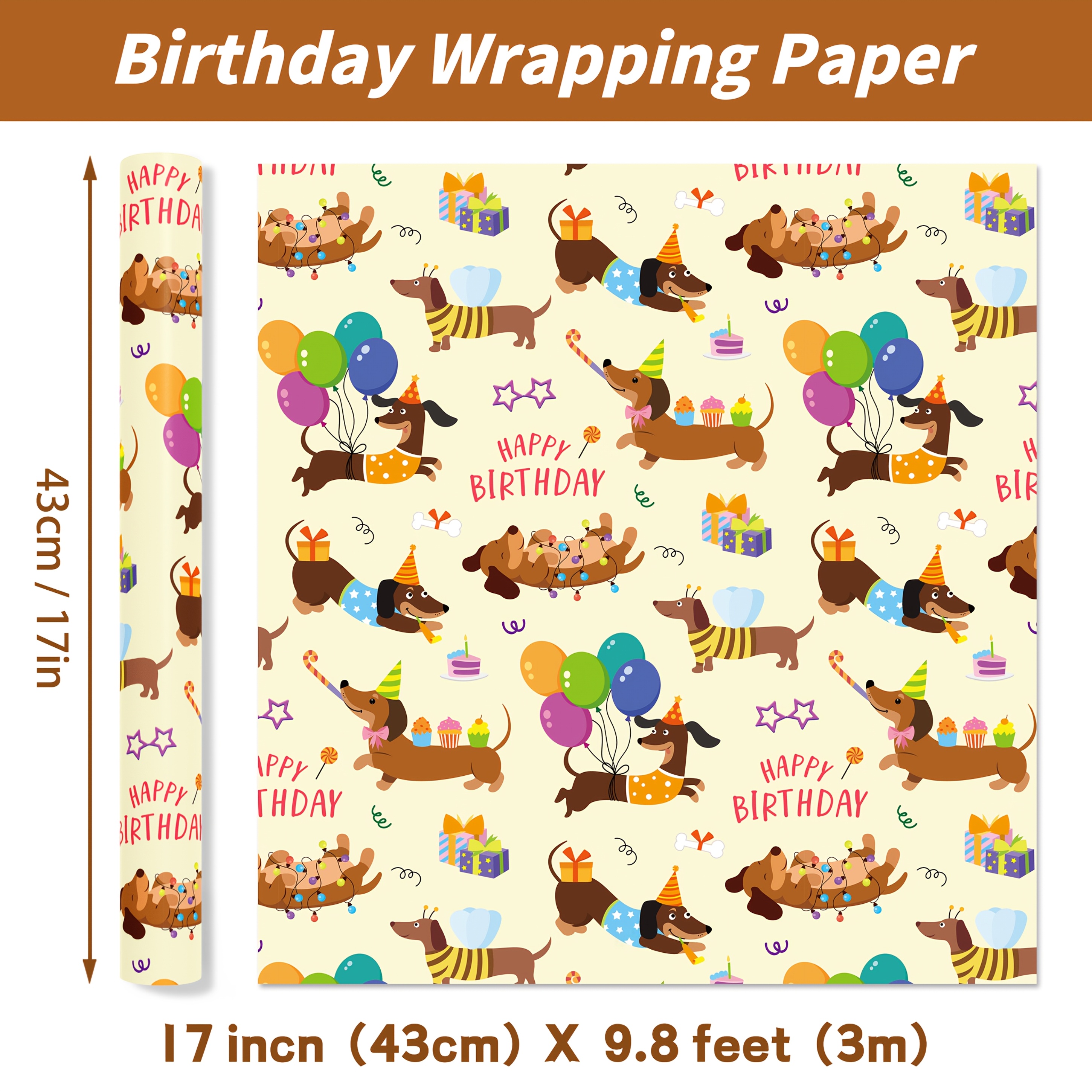 TEMU 1 Roll Adorable Cartoon Dachshund Sausage Dog Party Hat Balloon Print Decor Wrap, Size 43cm × 300cm (17 Inch × 118.11 Inch), Great For Boys' And