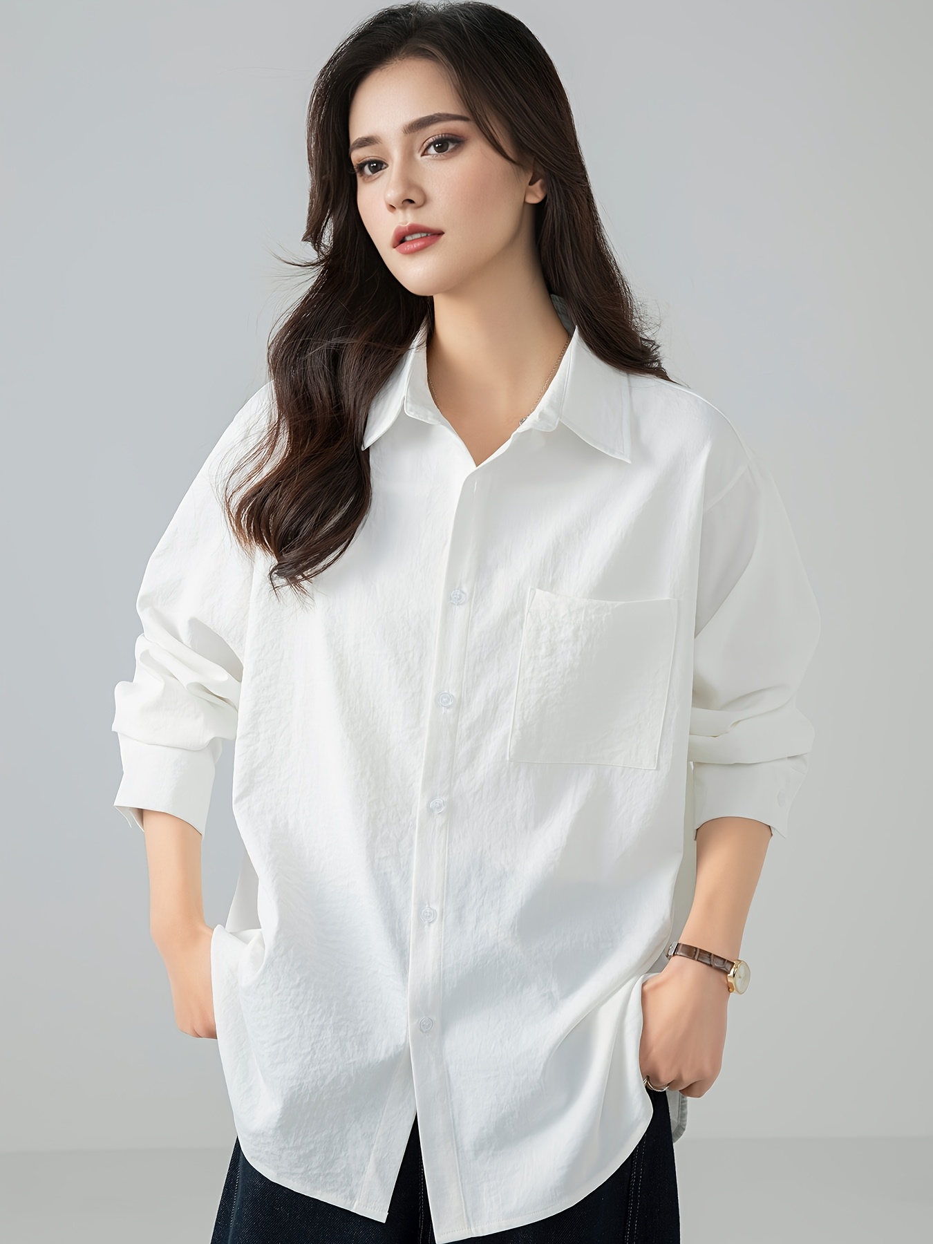 korean style loose casual long sleeve pocket shirt women - Temu Republic of  Korea