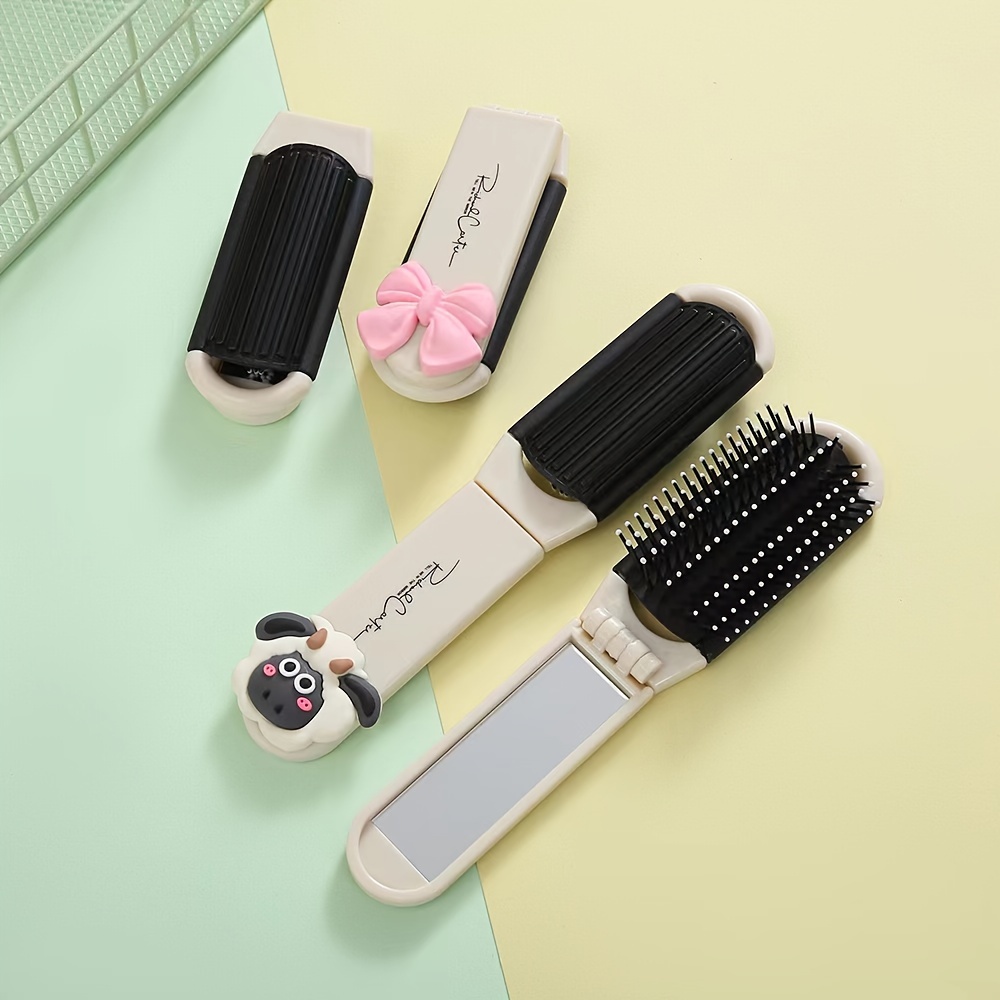 

1pc Folding Hair Comb, Airbag Hair Brush With Mirror, Scalp Massage Brush, Lovely Bowknot Decoration Comb, Cute Cartoon Sheep Decorative Comb Portable Hair Styling Tool