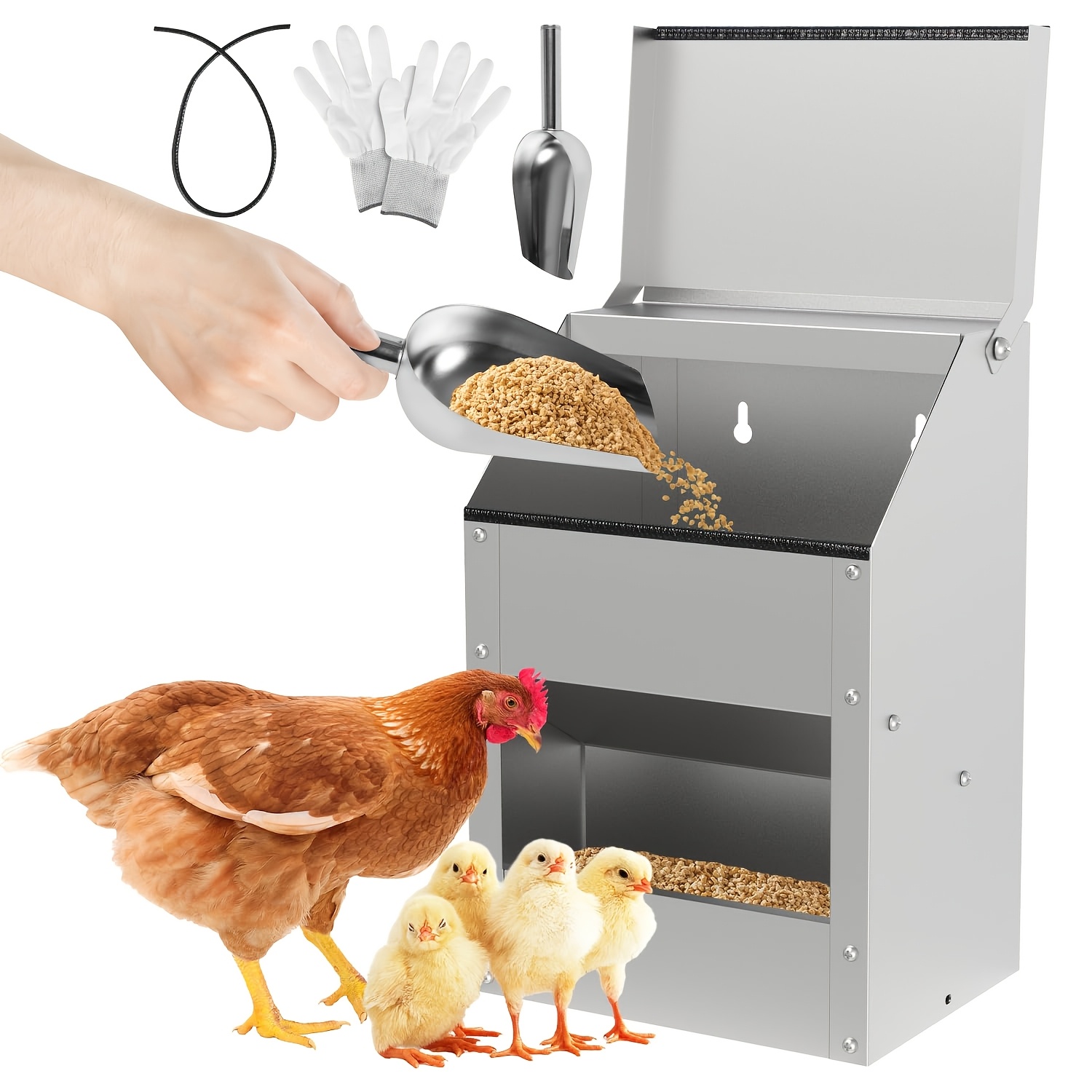 11..5kg Automatic Chicken Feeder, Galvanized Steel Chicken Feed Dispenser, Covered Poultry Feed Dispenser, With Wall-mount Bracket And Accessories, Suitable For Chickens, Ducks, And Other Poultry