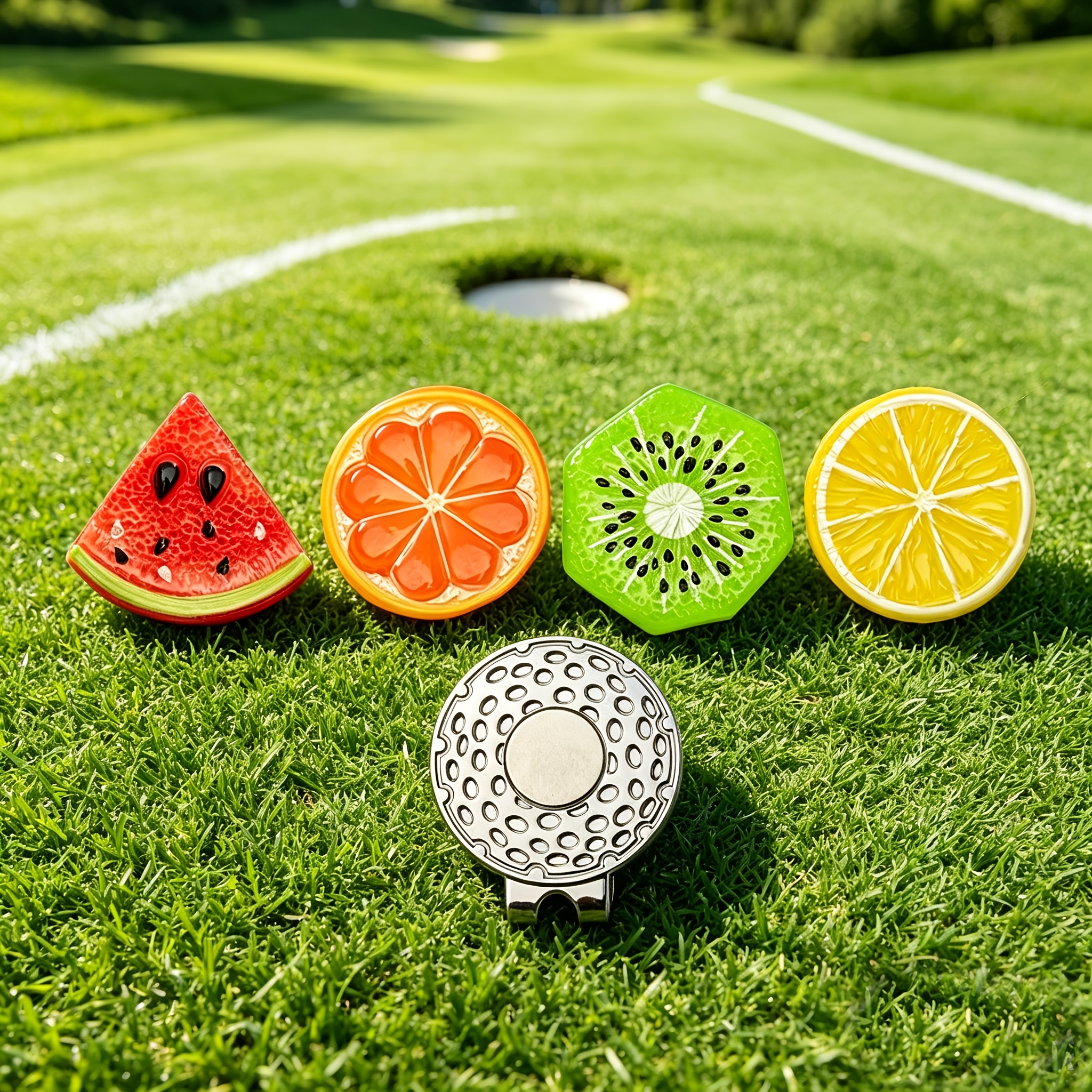TEMU Lot de 4 marqueurs magnétiques de balle de fruits frais avec pinces à chapeau magnétiques en métal, jolis marqueurs de position verts pour green