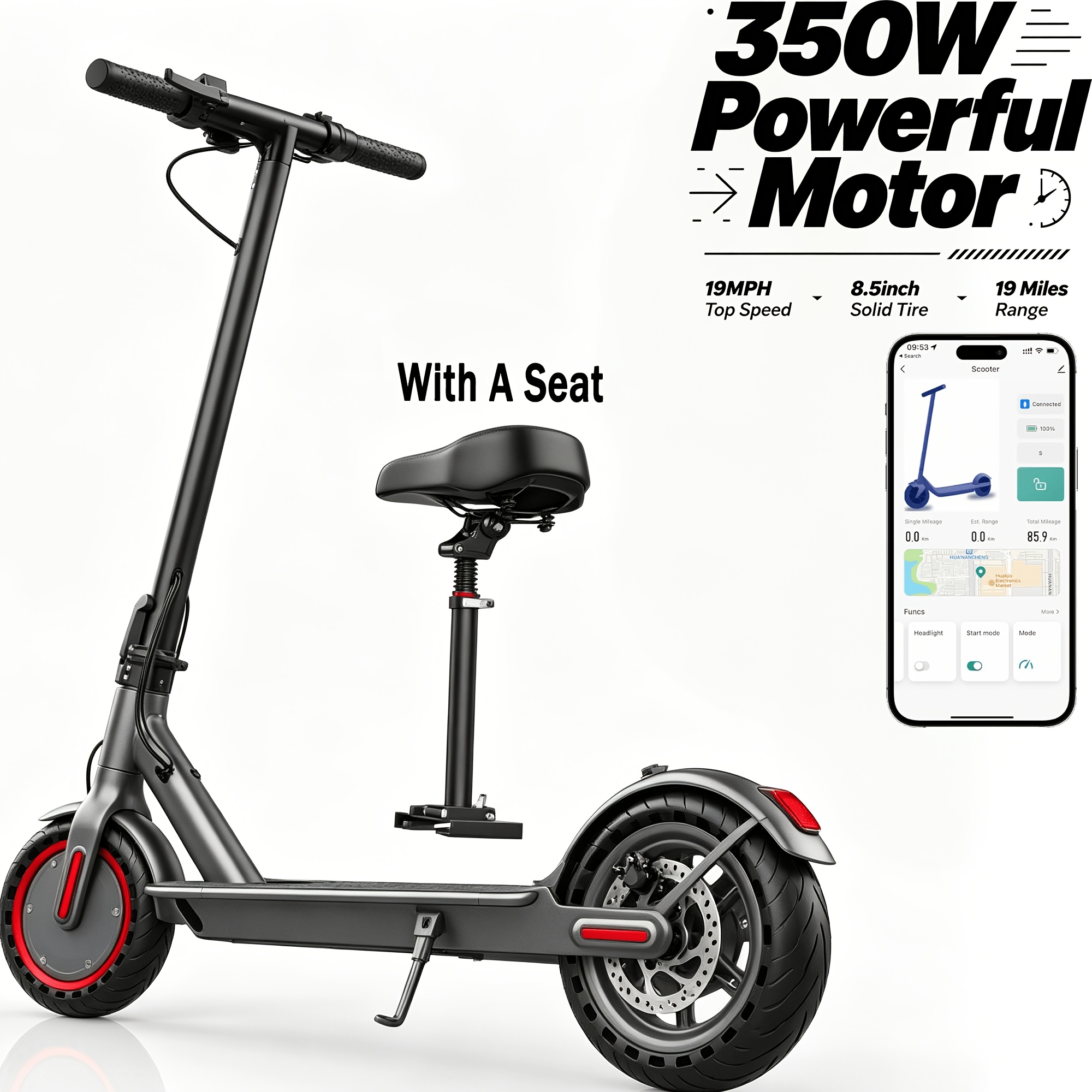 TEMU Adult Electric Scooter 350w Motor, 8.5" Anti-slip Solid Tyres, 19mph With , Reinforced Brake, Tough Aluminum Alloy Body, 265lbs Capacity,