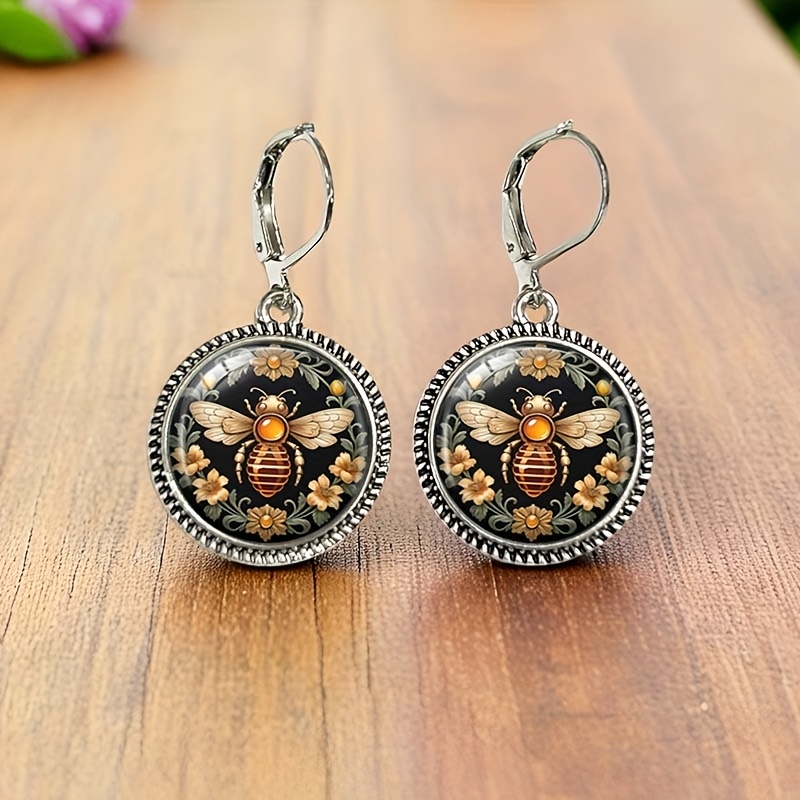 TEMU Une paire de boucles d'oreilles rondes en verre vintage avec un nouveau design d'abeille dans , pile