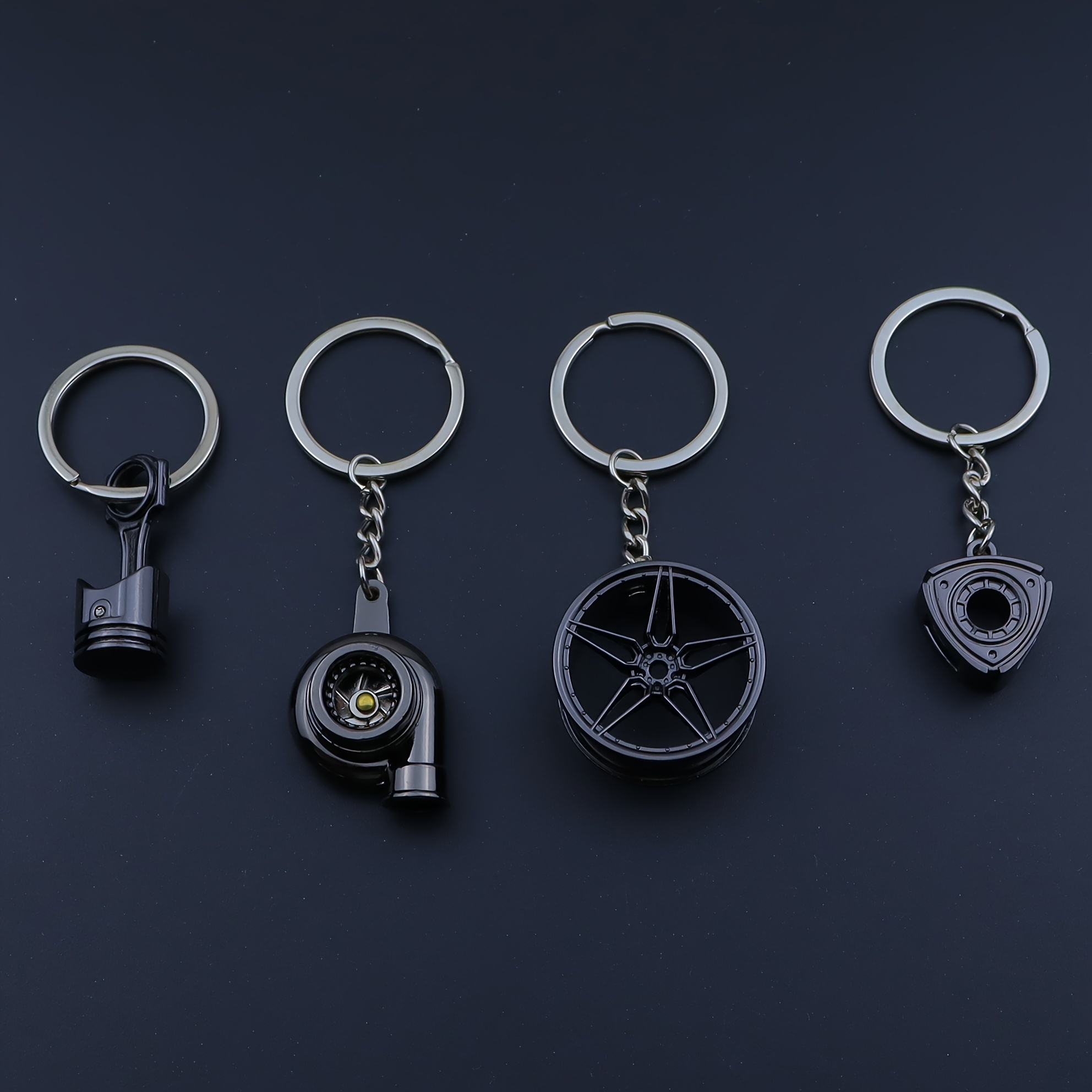 TEMU 4pcs Creative Car Modification Keychains, Piston, Turbine, Wheel , Small Rotor Featured Keychains, Car Modification Key Chain, Gift Keychain