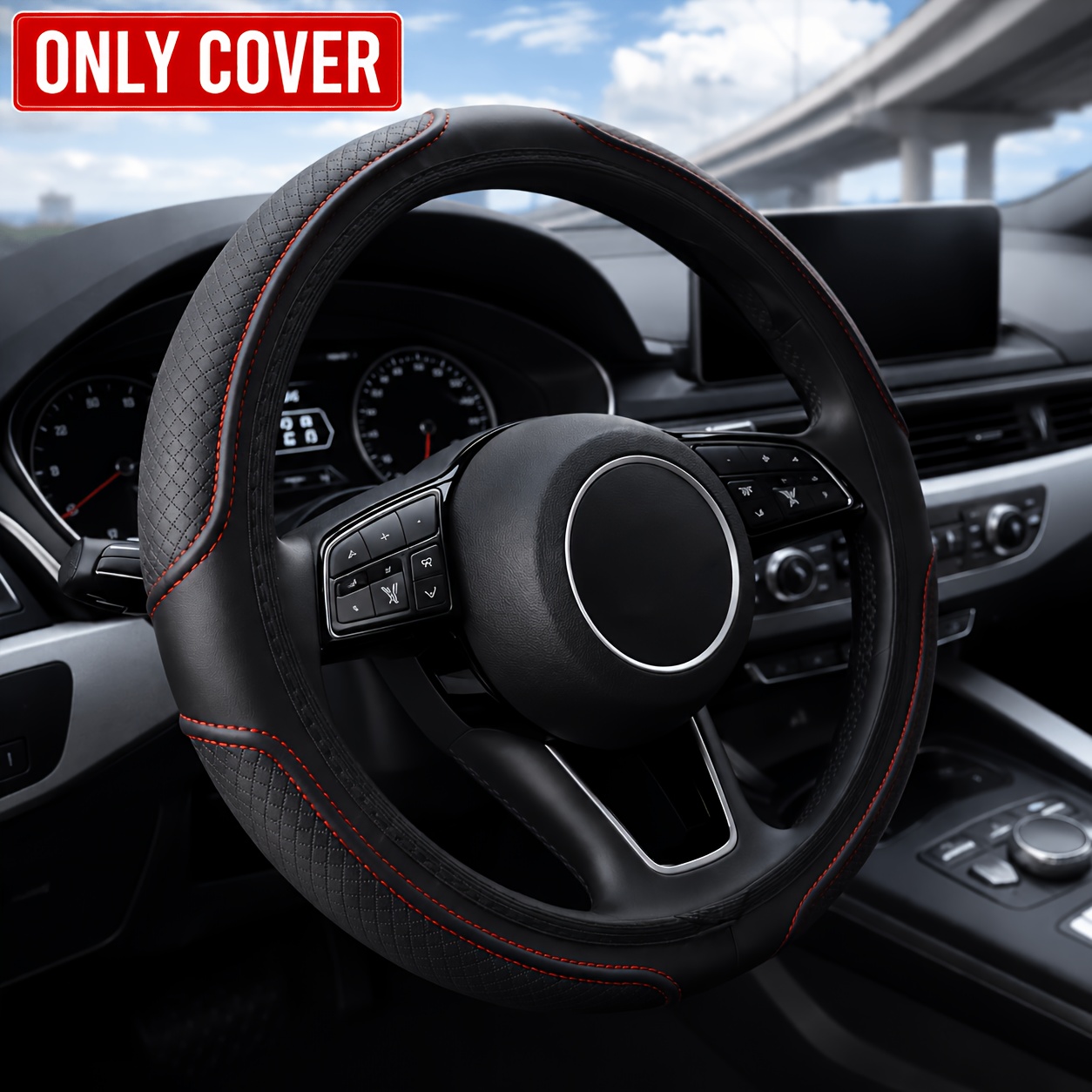 TEMU 1pc Double Embossed Faux Leather Steering Wheel Cover, 15 Inch Universal Anti-slip Durable Car Protector, Comfortable Grip, , Car Interior