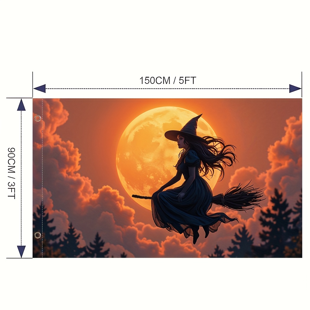 Image of 1pc, Funny Flag, Witch Flying On Broomstick, (no Electricity Needed), Suitable For Outdoor Home And Yard Decor, Festive House Decoration, No Pole Included, For Halloween