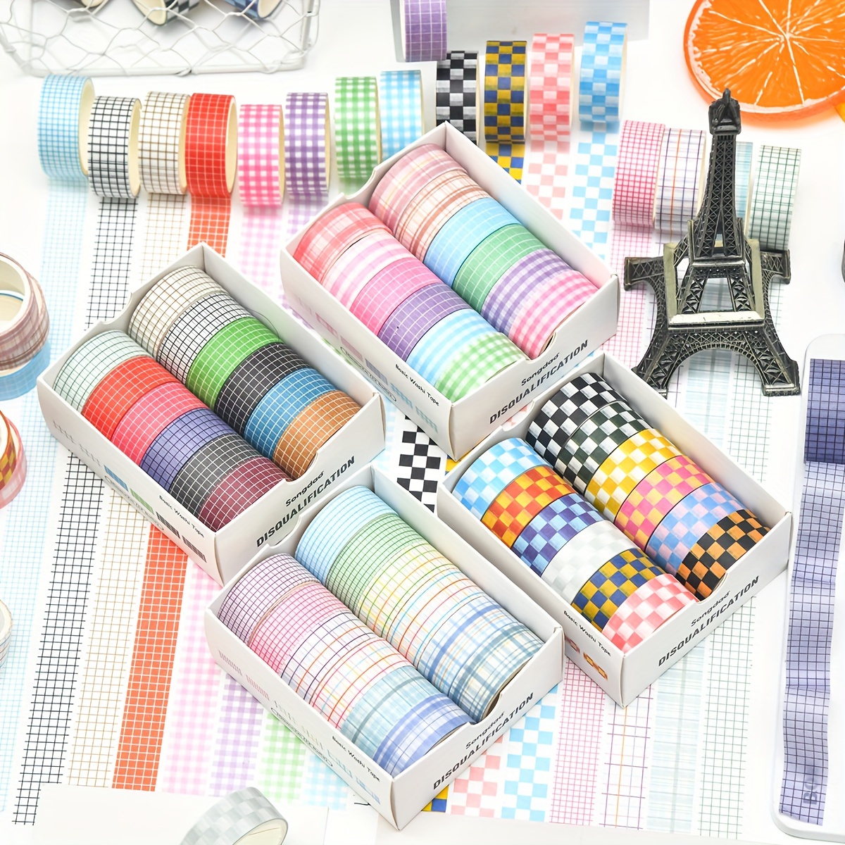 

12 Rolls/box Of Washi Tape: Scrapbooking, Junk Journal, Crafting, And Planner Accessories - Grid Pattern, Paper Material