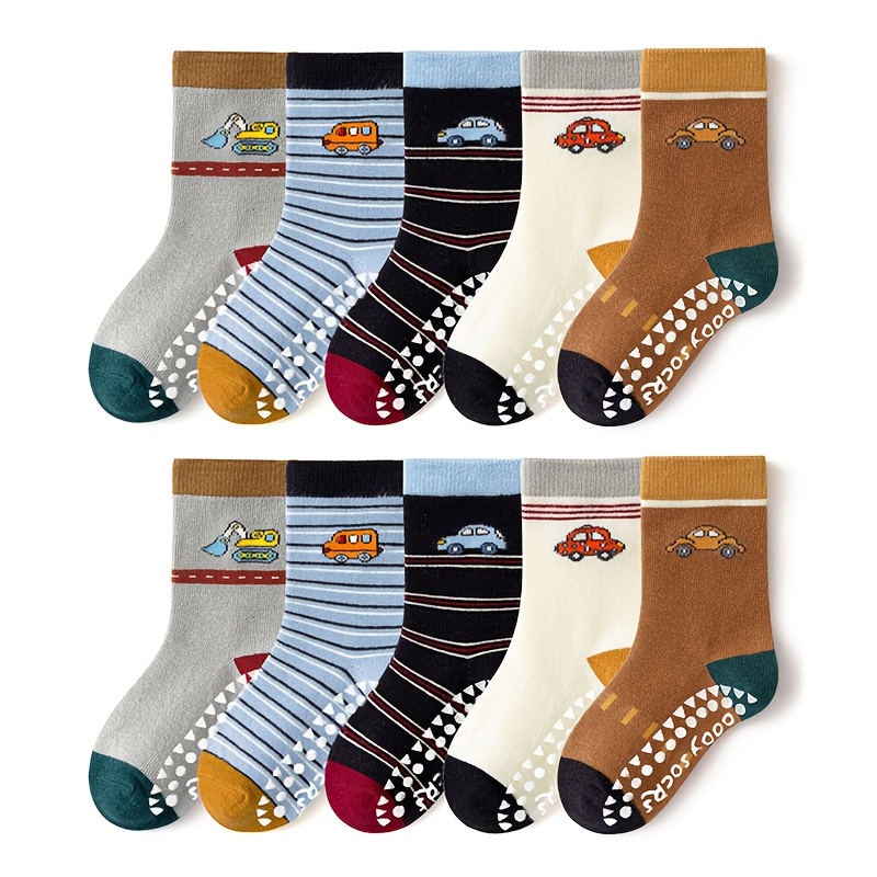 TEMU 10 Pairs Kids Non-slip Socks Cute Cartoon Excavator Stripe Pattern Comfortable Breathable Baby Boys Floor Socks For , Fall And Winter Clothes