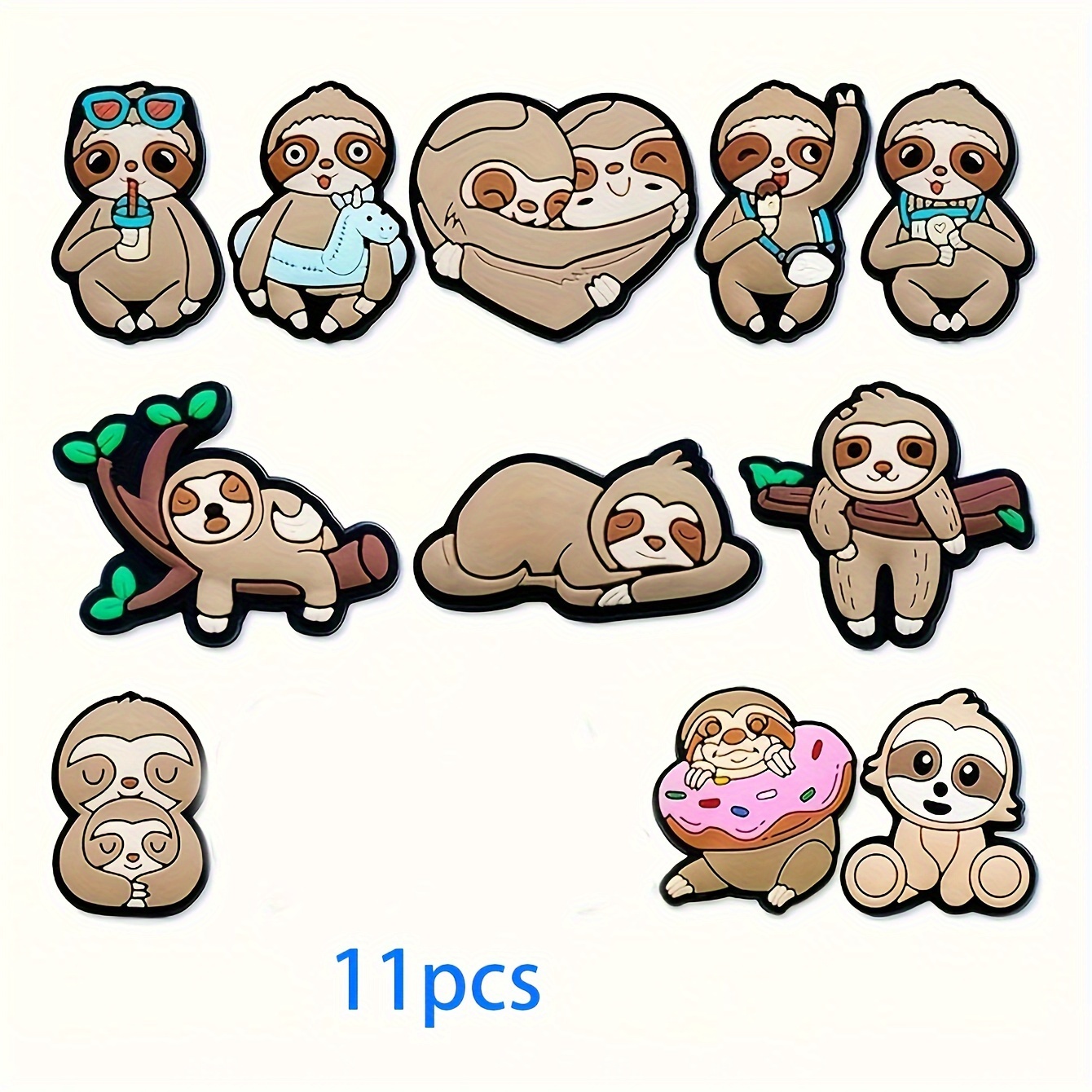 

11pcs Cartoon Sloth Themed Charm Set, Removable Creative For Beach Bag & Wristband, Pvc Material - Ideal Gift For Birthdays, Christmas, Valentine's, Halloween