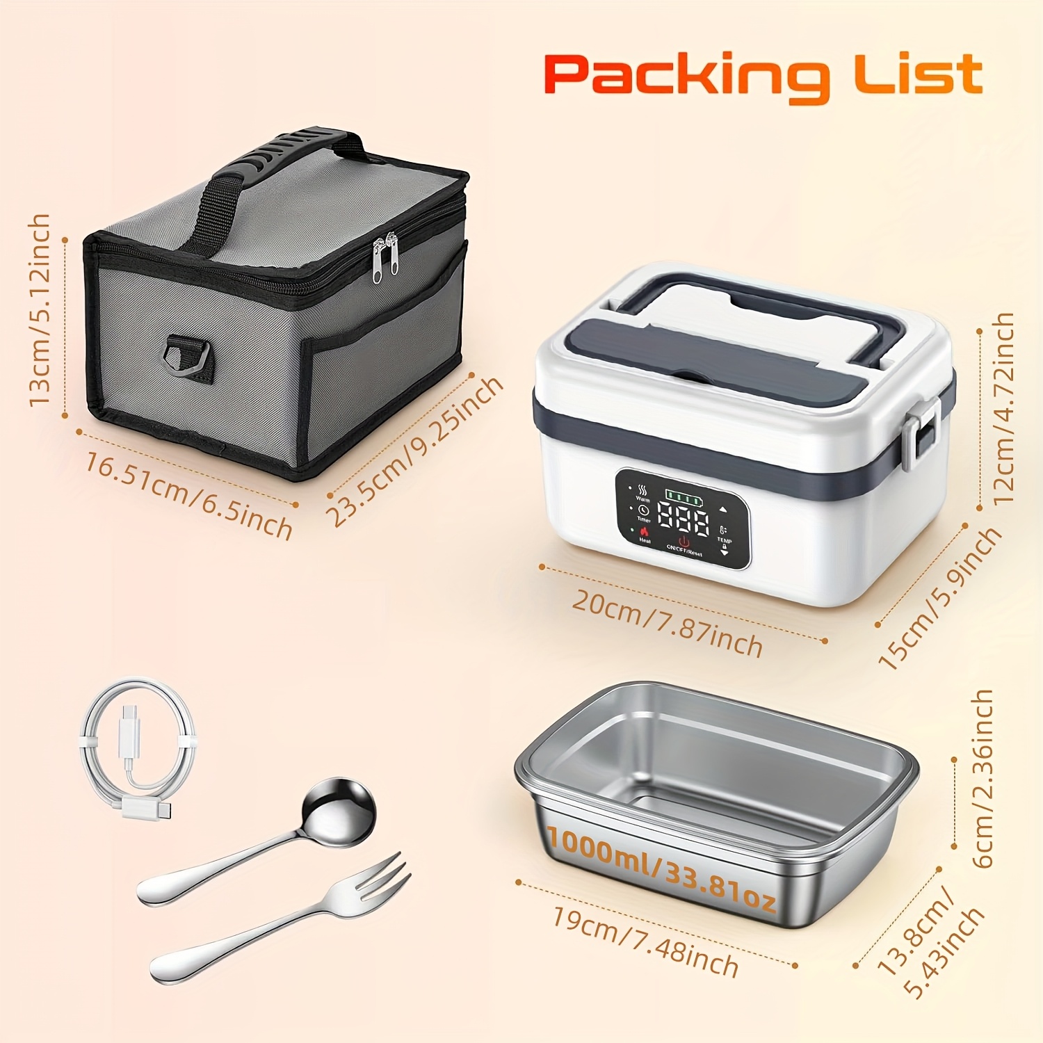 Wireless Lunch Box, Rechargeable Self-Heating Lunch Box, 1 Liter Portable Heated Lunch Box Food Heater with Timer
