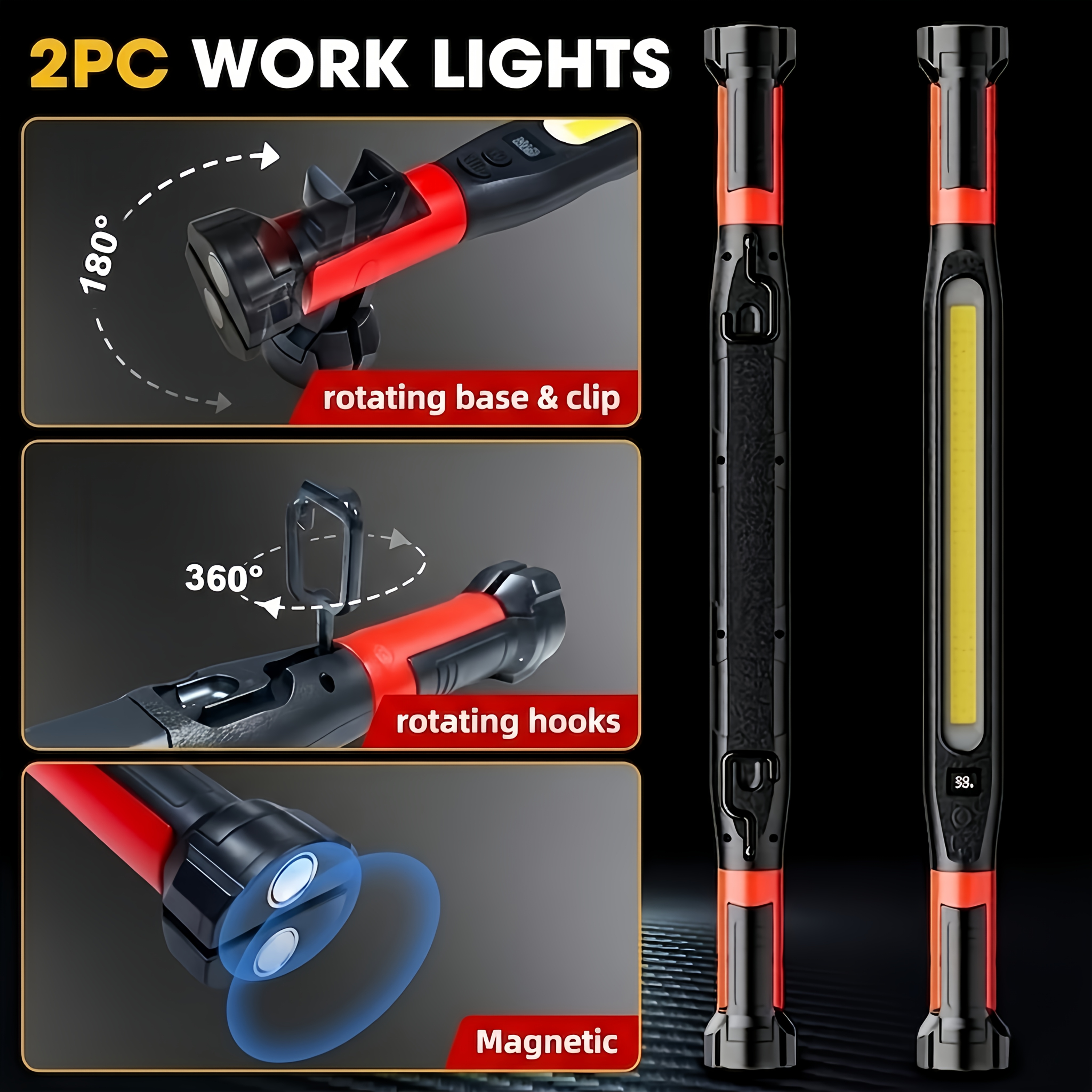 TEMU Rechargeble Led Work Light , With Magnetic Hook For Dual Fixation, 4 Lighting , Long With Digital Display Of Battery Level, Suitable For