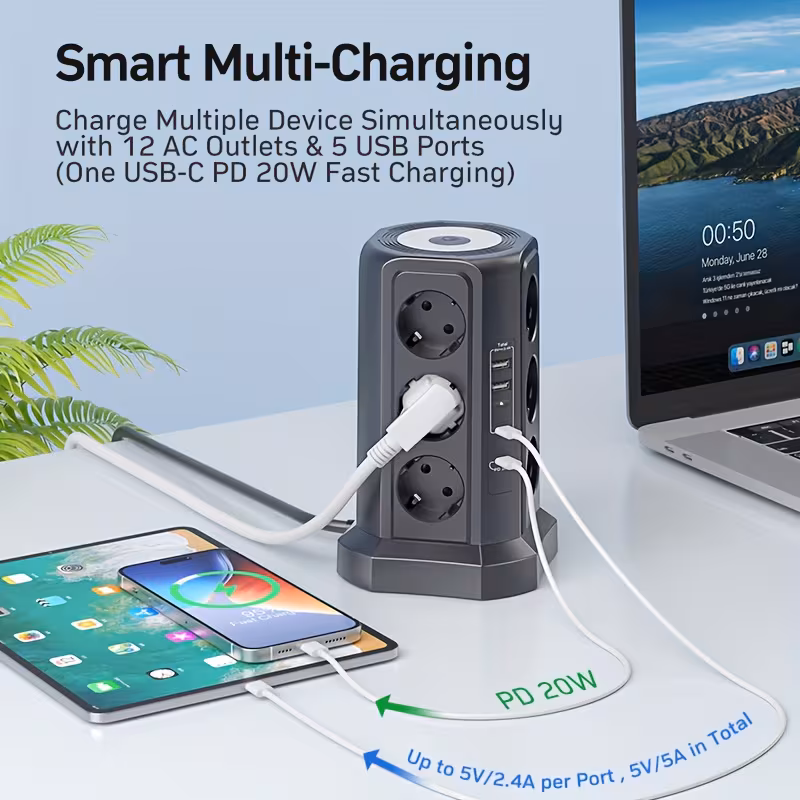 di multifunzione 16-in-1, 12 prese ca + 2 usb-a + 2 usb-c (ricarica rapida pd 20w), interruttori individuali, luce notturna dimmerabile, cavo di prolunga da 1,8 m/6 piedi, protezione da sovratensioni, design salvaspazio, per casa, ufficio e camera da letto Dettagli dell'articolo 2