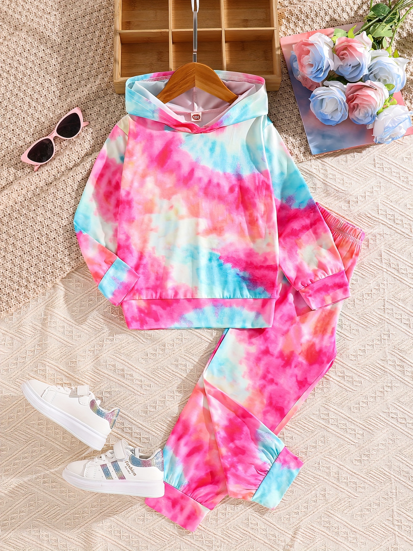 2pcs/Set Tie Dye Hoodie Sweatshirt Jogger Pants Set Fashion Girls  Spring/ Fall Outdoor Clothes, Party, Gift