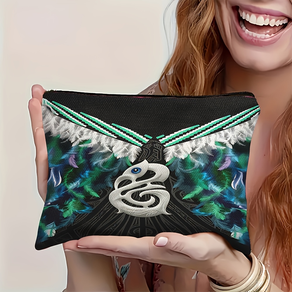 TEMU Double-sided Printed Toiletry Bag, A Maori-style Fashionable Cosmetic Pouch With Unique Feather And Maori Pattern Prints, Ideal For Travel And