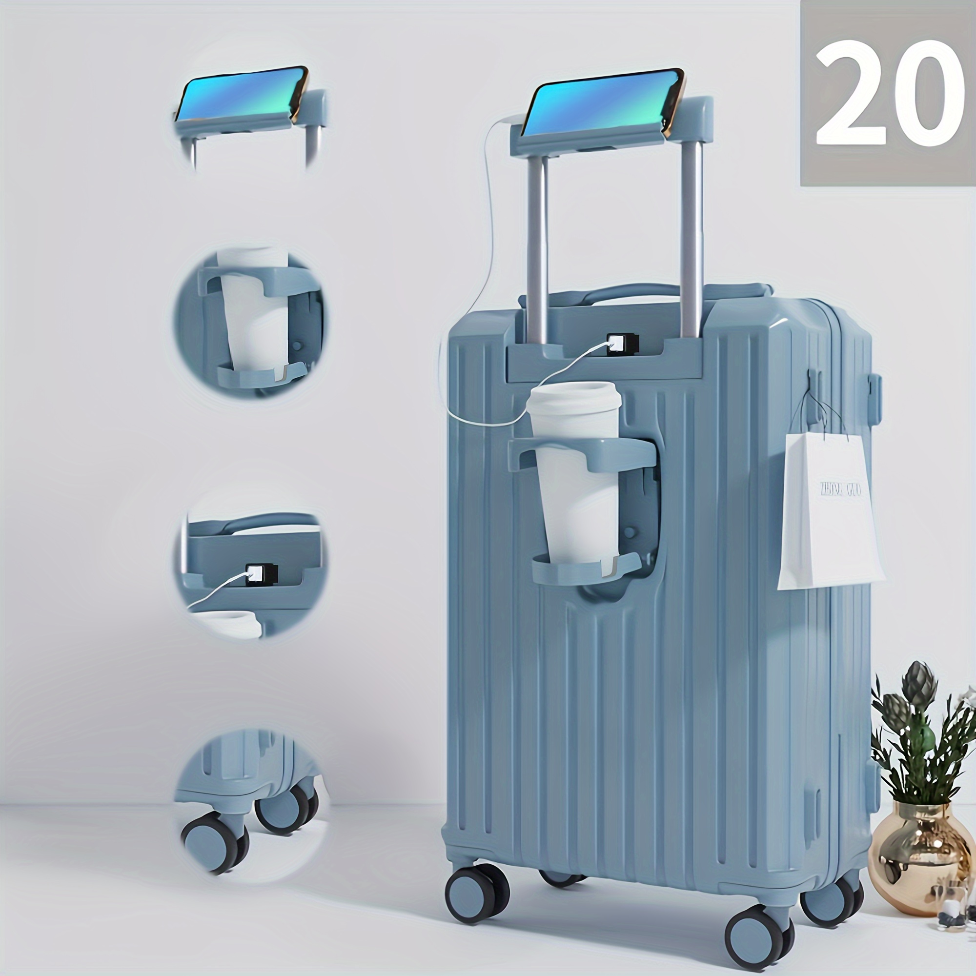 TEMU Luggage With Retractable Handle, , Usb Charging, Abs+pc Material, Aluminum Frame, Multi-functional Travel Bag