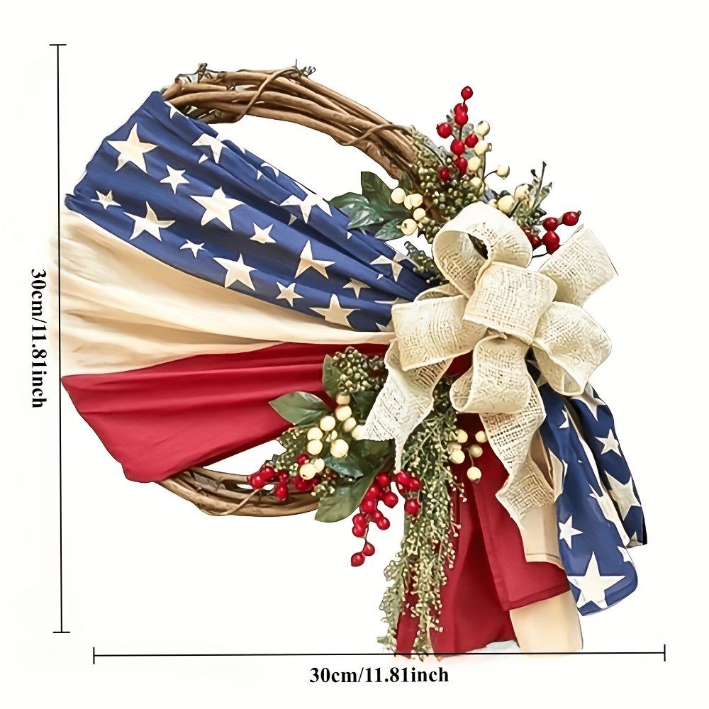 TEMU Patriotic Wreath Americana American Flag Grapevine Wreath With Burlap Bow Artificial Berry Front Door Wall Porch Office Hanging Ornament For