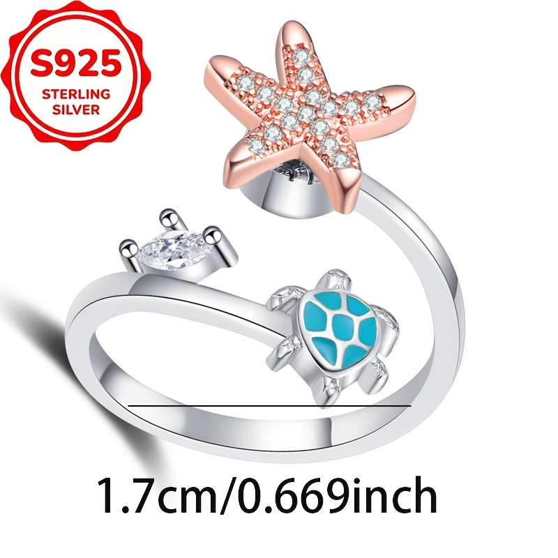 Women's S925 Silver Sea Turtle & Star Rotating Open Ring