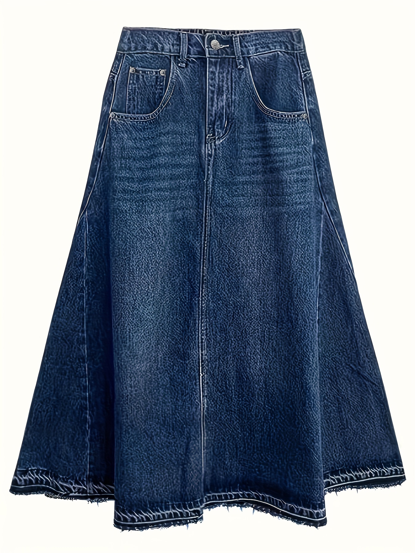Split Front Deep Blue Slash Pocket Denim Skirt Causal Washed