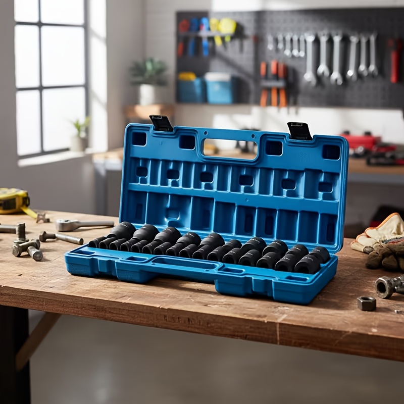 E-shop Schlagsteckschlüsselsatz, 1/2 Zoll, 26-tlg. Set, Flachloch-Steckschlüssel, Sechskant-Steckschlüssel, Langlebig, Material, 1/2 Zoll