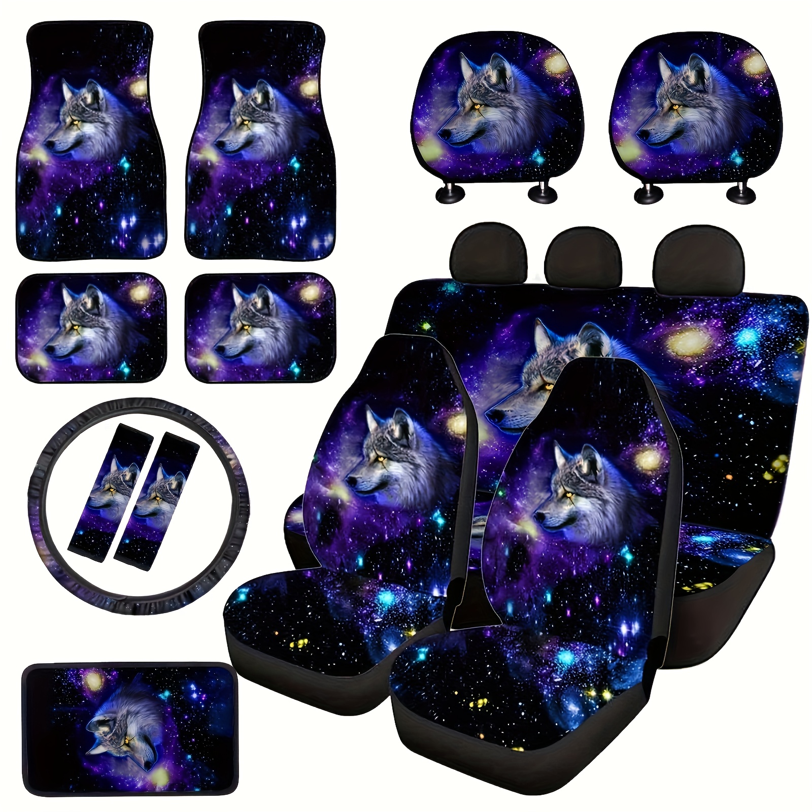 TEMU Complete Set Of Galaxy Wolf For Car Interiors, Including Seat Covers, Floor Mats, Steering Wheel Cover, And Armrest Mat Suitable For Sedans And Suvs