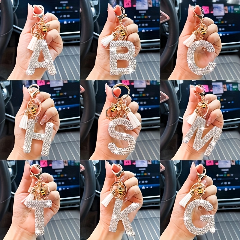 sparkling synthetic   letter keychain with an adorable bee charm and tassel   keychain letter design suitable for bags or keys cute key fob
