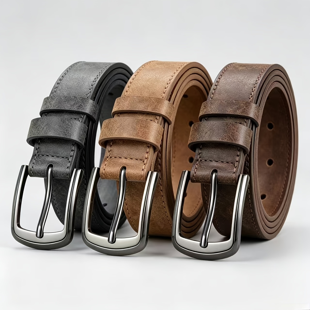 TEMU 3pcs (gray + Brown + Coffee) + 1pc Hole Puncher. 3.5" Wide Men's Spliced Alloy Minimalist Belt For Jeans And Trousers. Sports And Leisure Belt.