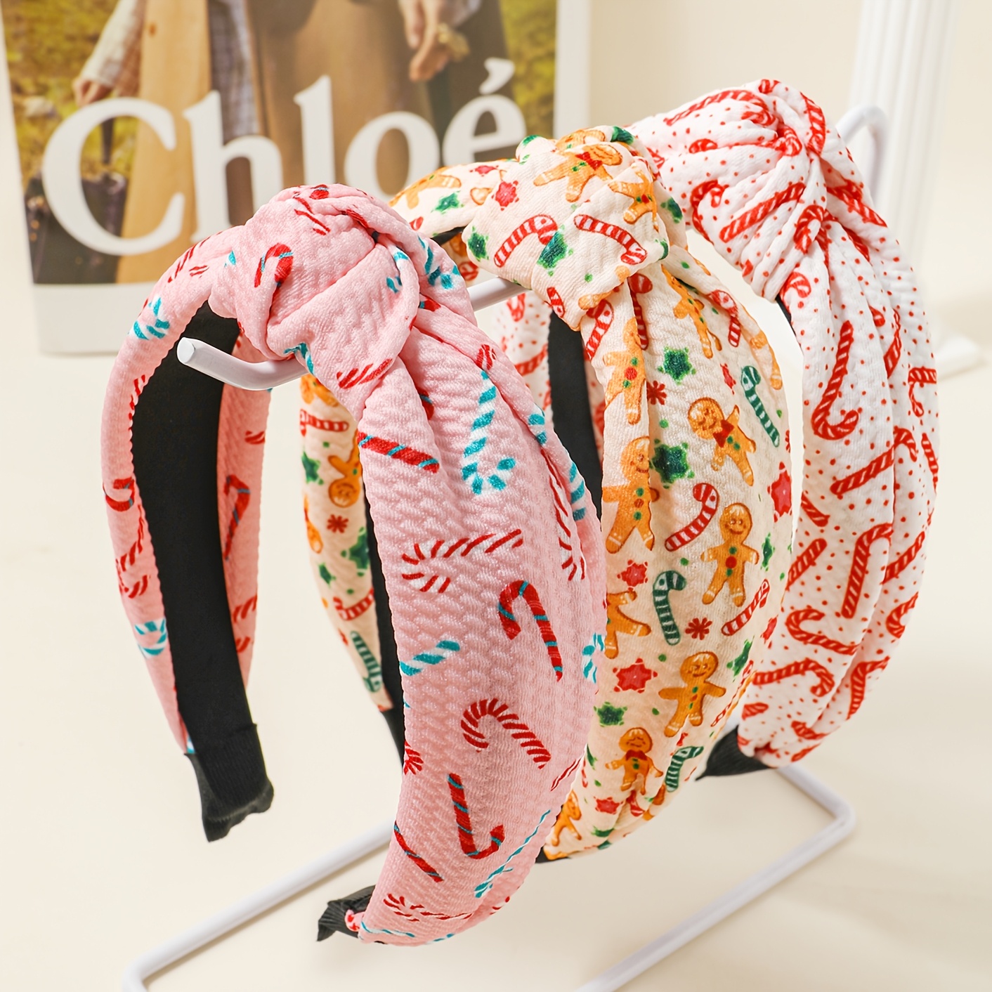 TEMU 3pcs Set, Women's Christmas Printed Bow Headband, Gingerbread Man And Candy Cane Prints, Wide Brim And Cranial Height, Festive Atmosphere For