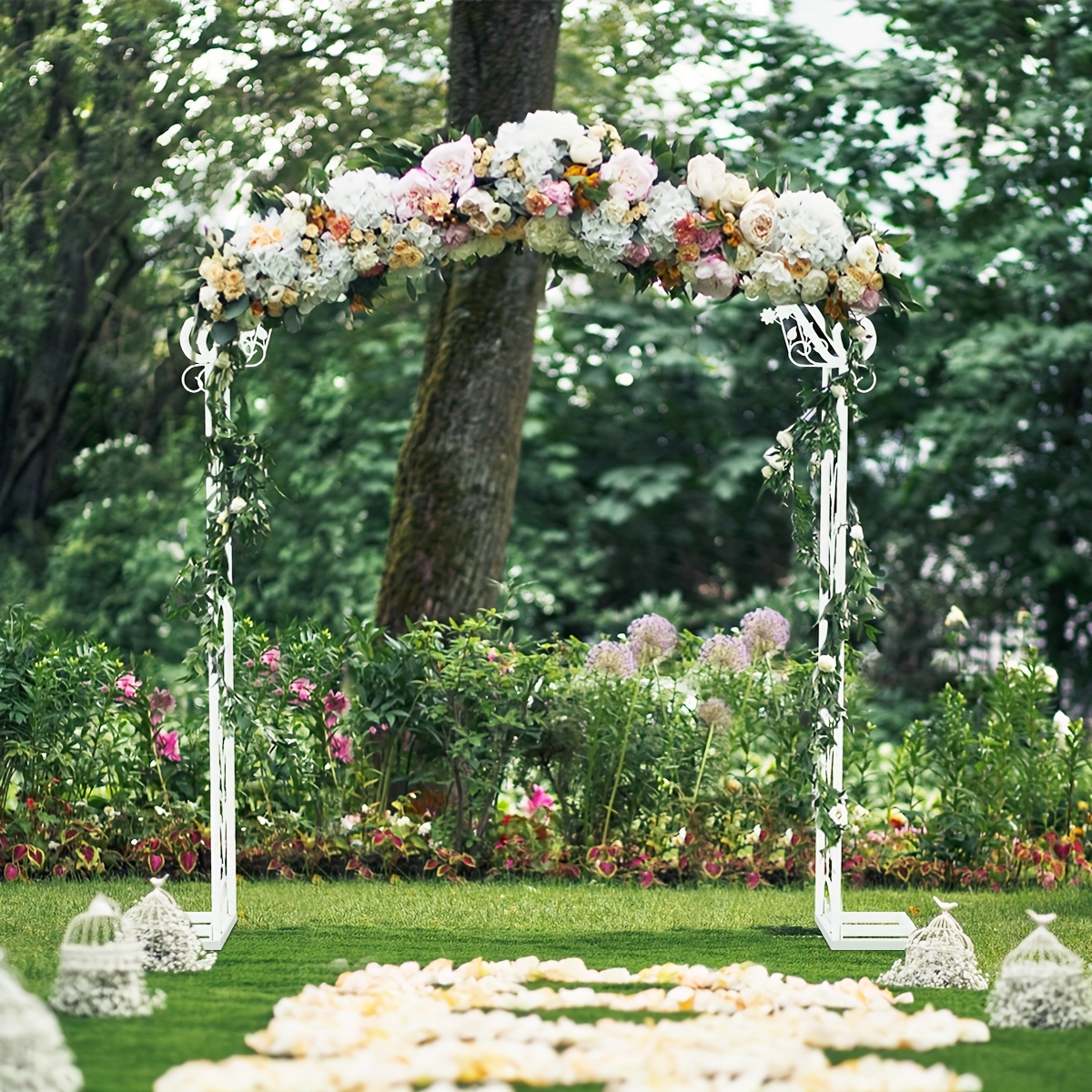 Image of Large White Wedding Arch Stand, White Backdrop Metal Rack 220x30x240cm Exquisite Hollow Pattern Designed Arch Frame Outdoor Garden For Party Christmas Decor