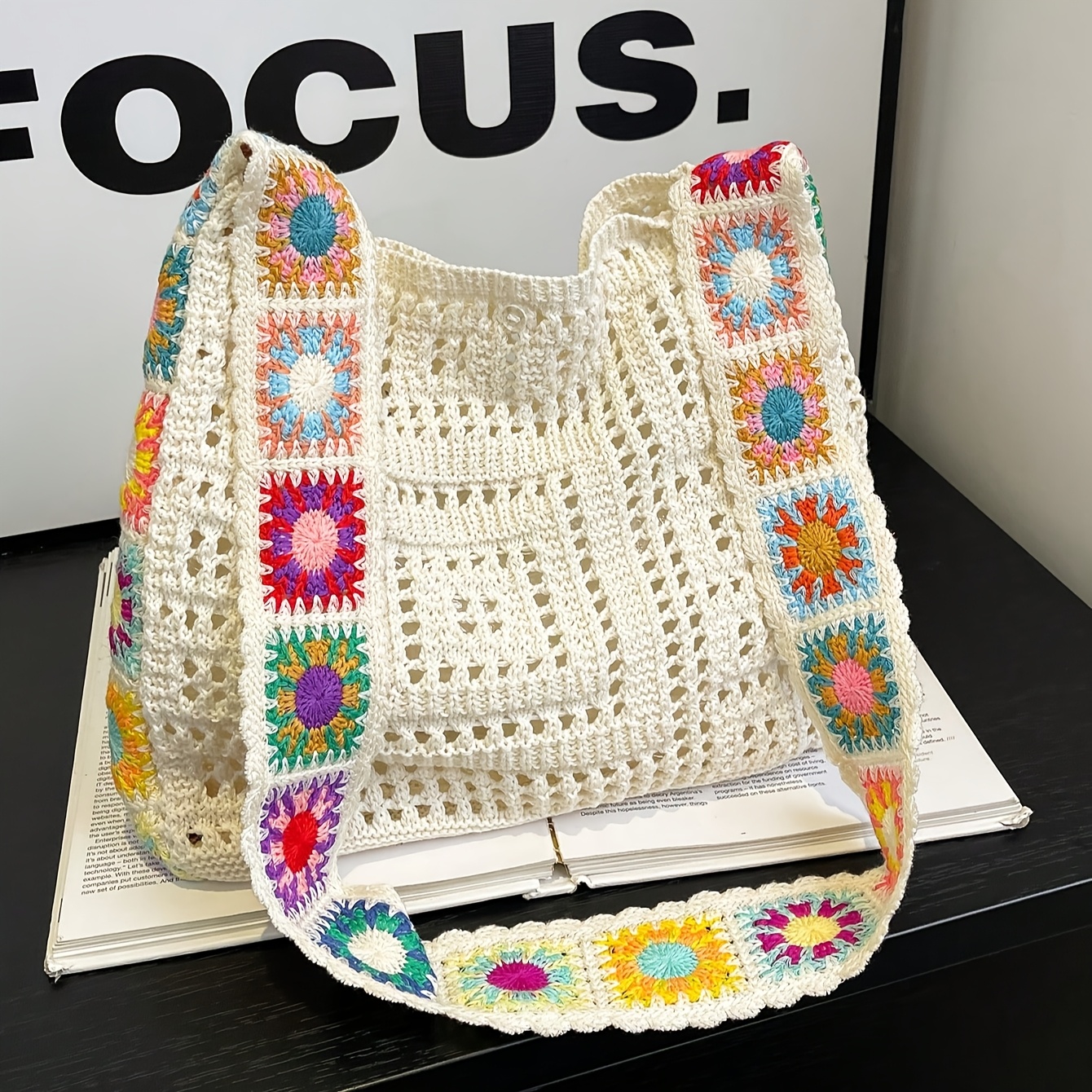 

Bohemian Style Crochet Knit Bag, Geometric Pattern, Polyester, With Closure And Polyester Lining, For Beach Vacation Shoulder Tote With Embroidered Design