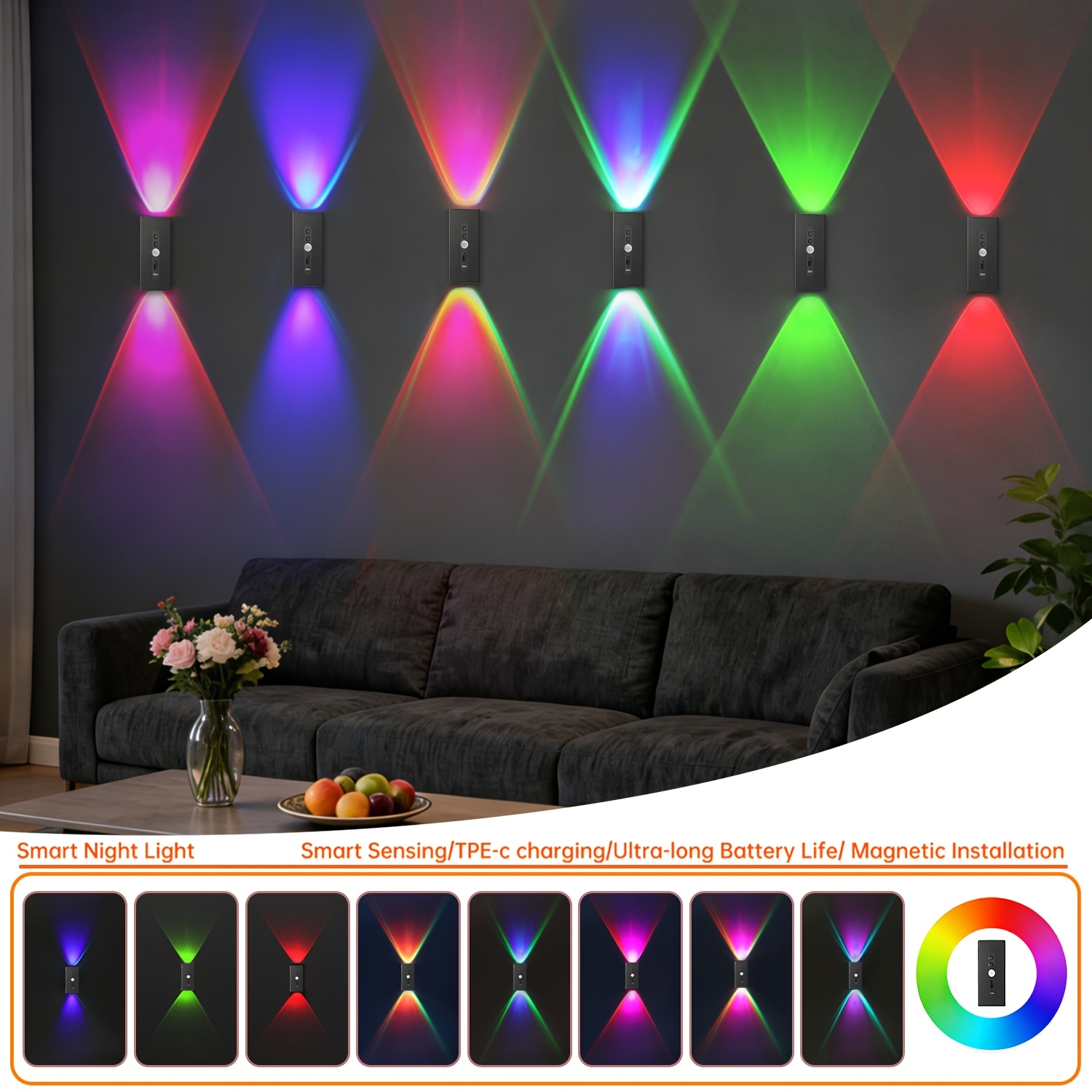 2/4 Stück Magnetische LED Bewegungsmelder Wandleuchte, Dimmbar 8 Farben, RGB Warmes Orange Leuchten, Geeignet für Deko Schlafzimmer, Wohnzimmer, Küchen, Bars, Treppen, Spielzimmer, Korridore und Partys, Korridor- USB/Batteriebetrieben, Nachtlicht Dekoration