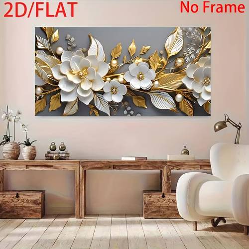 2d flat 2d flat 1pc frameless elegant white and golden floral lace canvas art modern wall decor suitable for living rooms and bedrooms fashionable pearl leaf plant posters frameless decoration large wall art