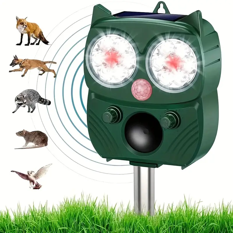solar technology animal repeller with motion detection flashlights solar powered 3 adjustable volume pir sensor for raccoon squirrel skunk rodent fox deer bird deterrents outdoor pest control for yards and yard pest control owlshaped repeller durable plastic construction technology solar animal repellent details 3