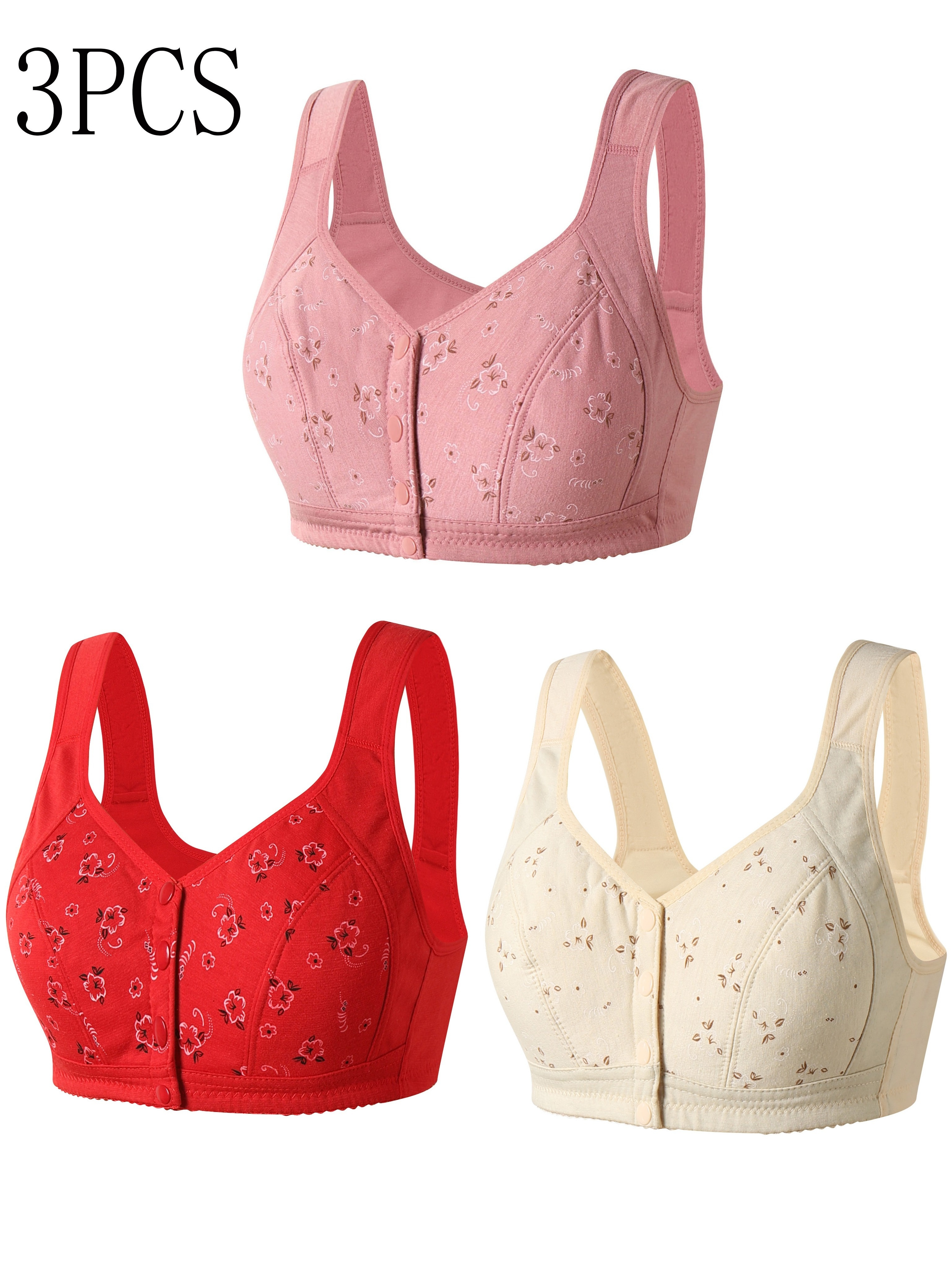 Women Solid Color Casual Wirelss Bra Front Button Wireless Cotton Comfort  Bra Pink Grey Nude plus