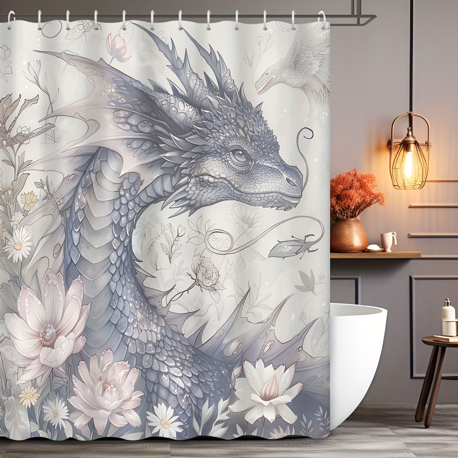 

Water-resistant Polyester Shower Curtain With Dragon And Floral Print, Machine Washable, Includes Hooks, Fantasy Themed Bathroom Decor, Grommet Top, Woven Fabric, 72 X 72 Inches