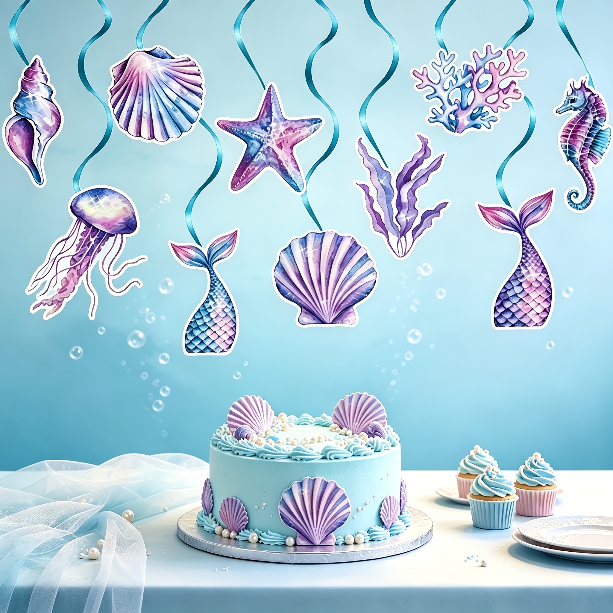 Image of 20pcs Mermaid Spiral Pendants - Mermaid Tail Party Decorations With Spiral Scale, Lightweight Paper Hanging Ornaments Suitable For Birthday Party Decor, Mermaid-themed Events & Ocean Party Supplies