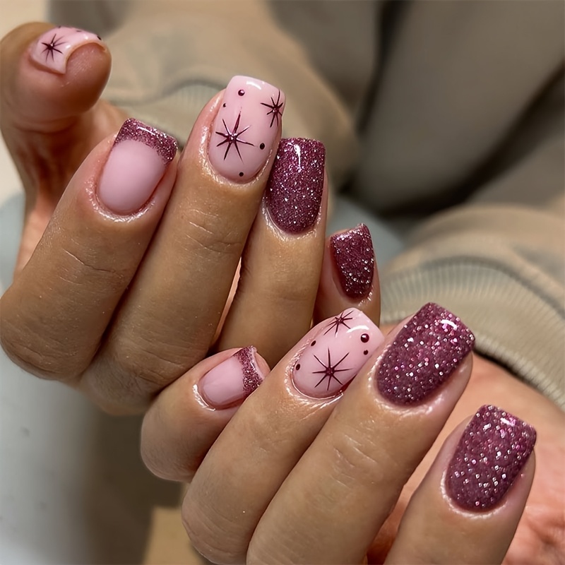 TEMU Short Square Nail, Modern And Fashionable , Purple French Starry Polka Dot Fake Nail, Silvery Glitter Decoration, Y2k Nail Set, Suitable For