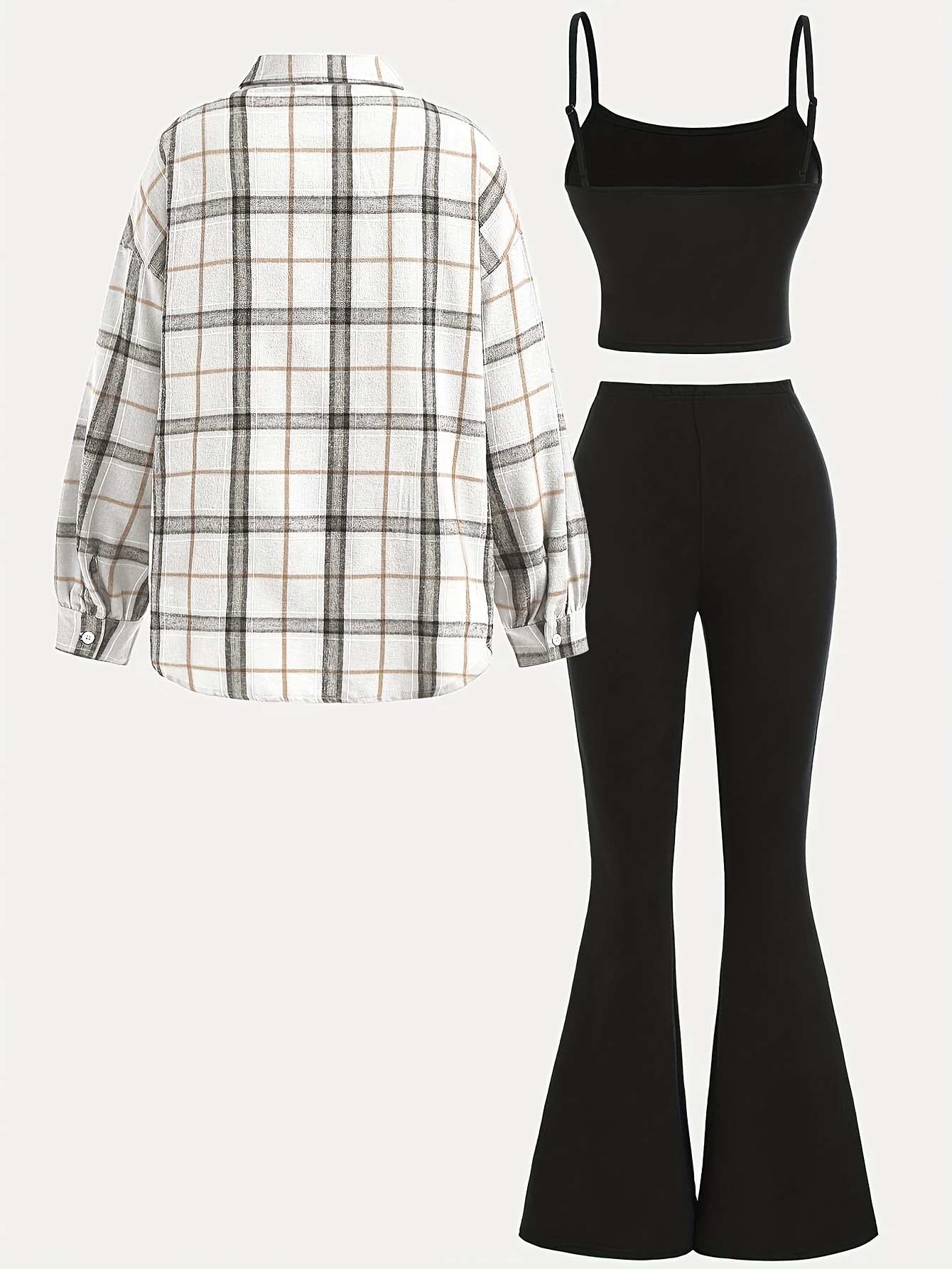 ensemble 3 pièces de chemise à manches longues à carreaux ciblée dp010599+ , haut court noir, pantalon évasé Détails du produit 1