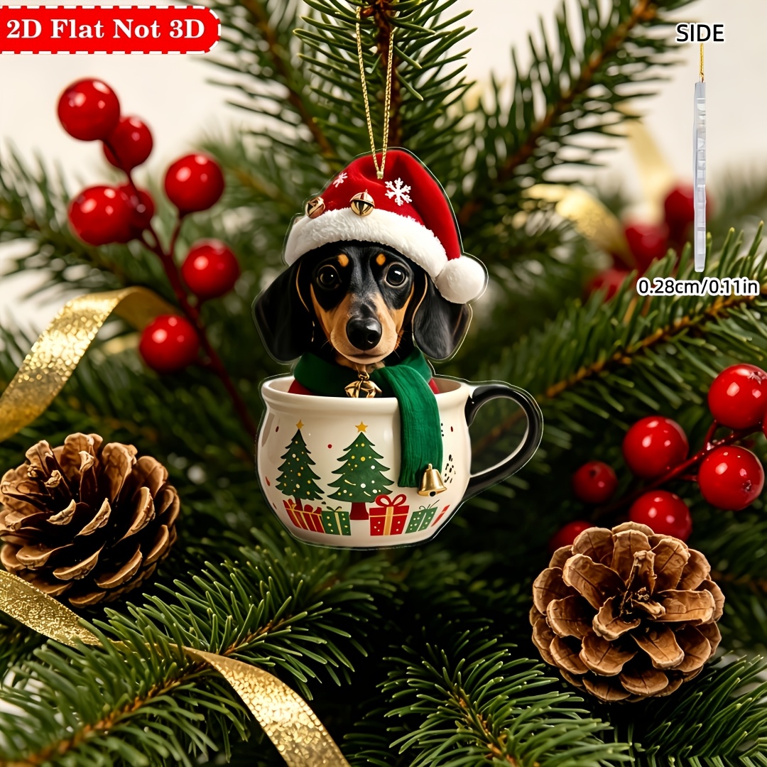 TEMU 2d Flat, 1pc Dachshund In A Christmas Teacup Ornament - Hanging Decoration Suitable For Tree, Car Mirror & Home, Contemporary Dachshund-themed