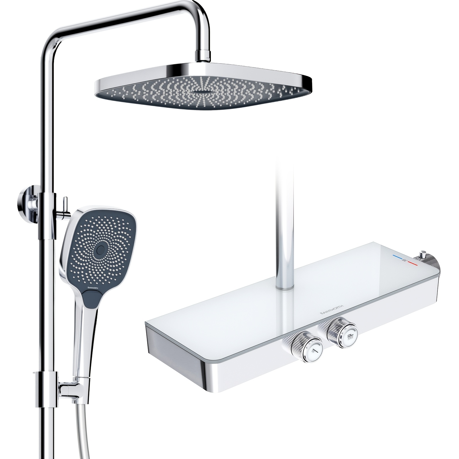Luxury Piano Key Control Rain Shower Set | 10-inch Square Shower Head & 3-mode Handheld Spray, 38°c Temperature, Chrome End, Wall Mount