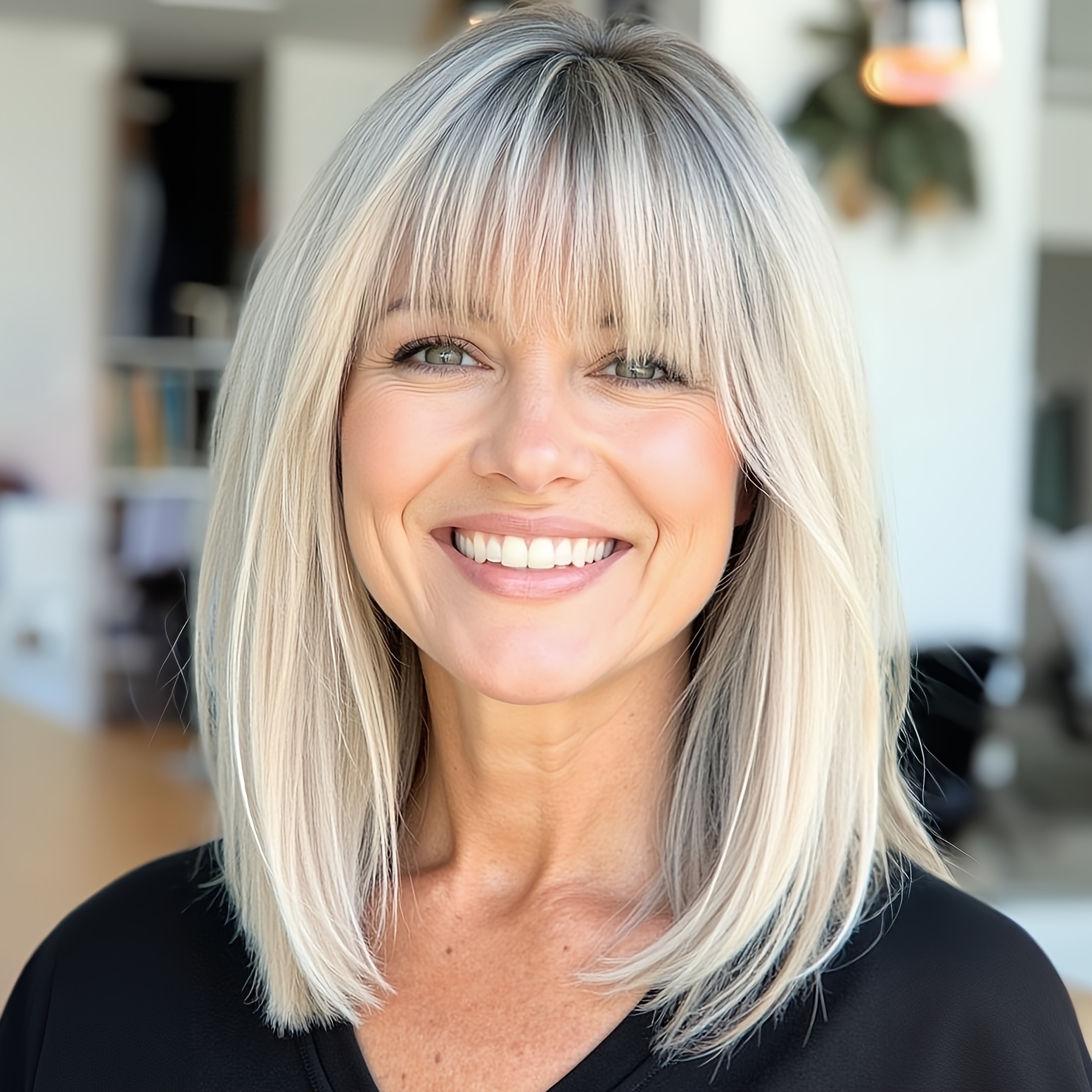 Image of 14-inch Women's Elegant Blunt Bangs White To Gradient Straight Bob Wig - -resistant Synthetic Fiber Hair With , Shoulder-length For Daily & Special Occasions Suitable For & Hair Loss Solutions
