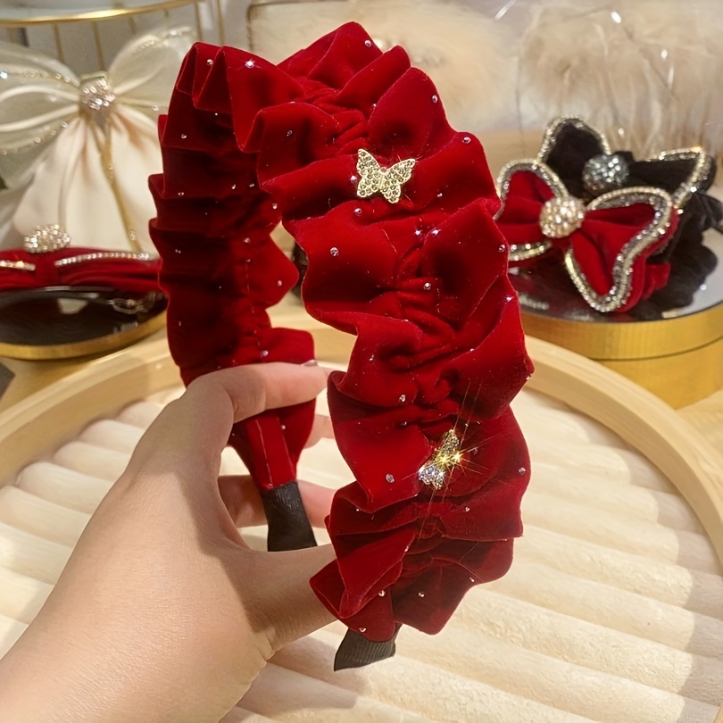 Image of High-end Rhinestone Velvet Pleated Headband Light Fashion Fungus Edge Temperament Headband New Year Hair Additions Gift